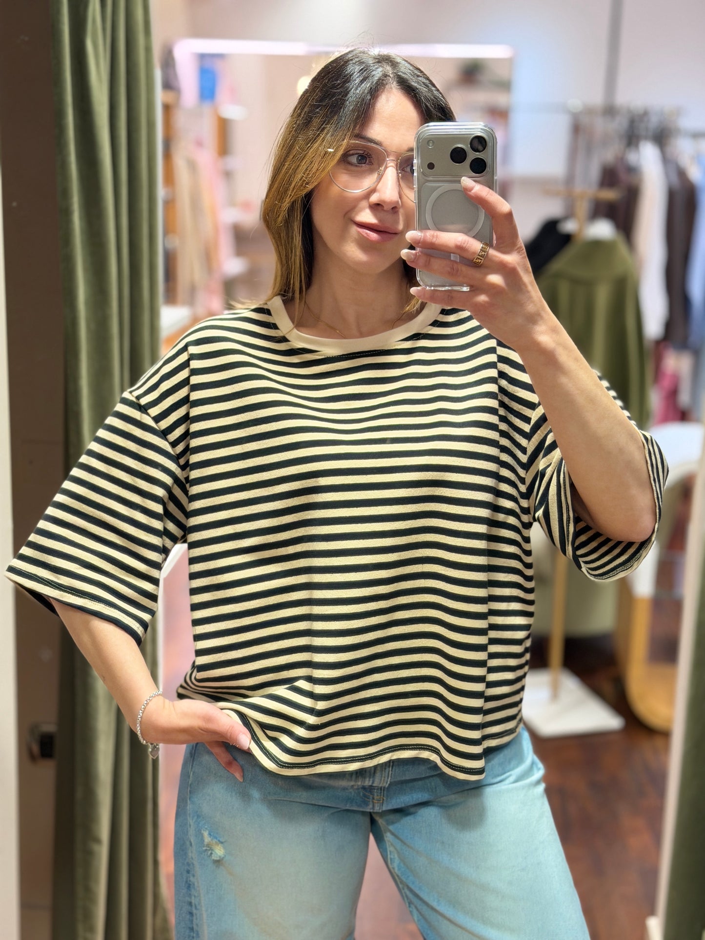 T-shirt a righe manica 3/4 Burro/ Nero
