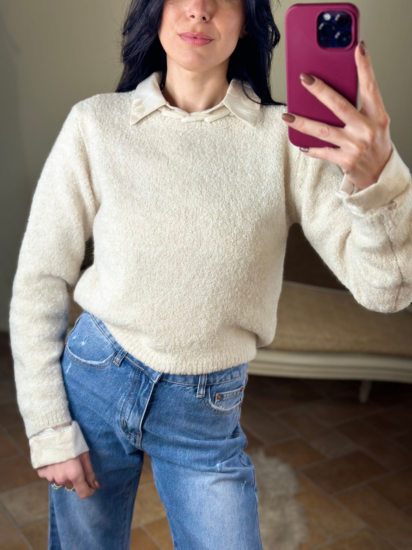 Uni mè Maglia con treccia girocollo PANNA