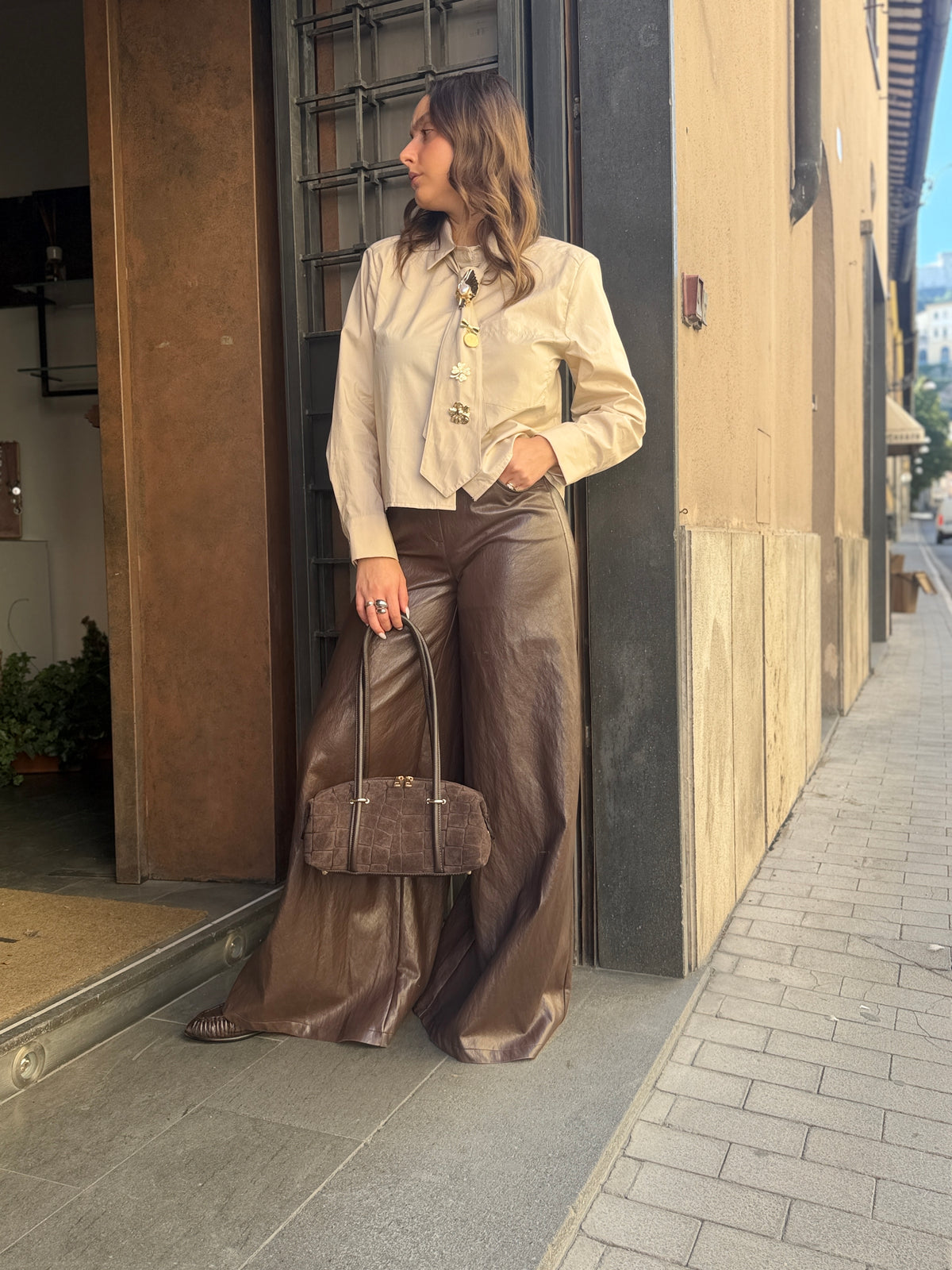 Haveone Pantalone a palazzo ecopelle MORO