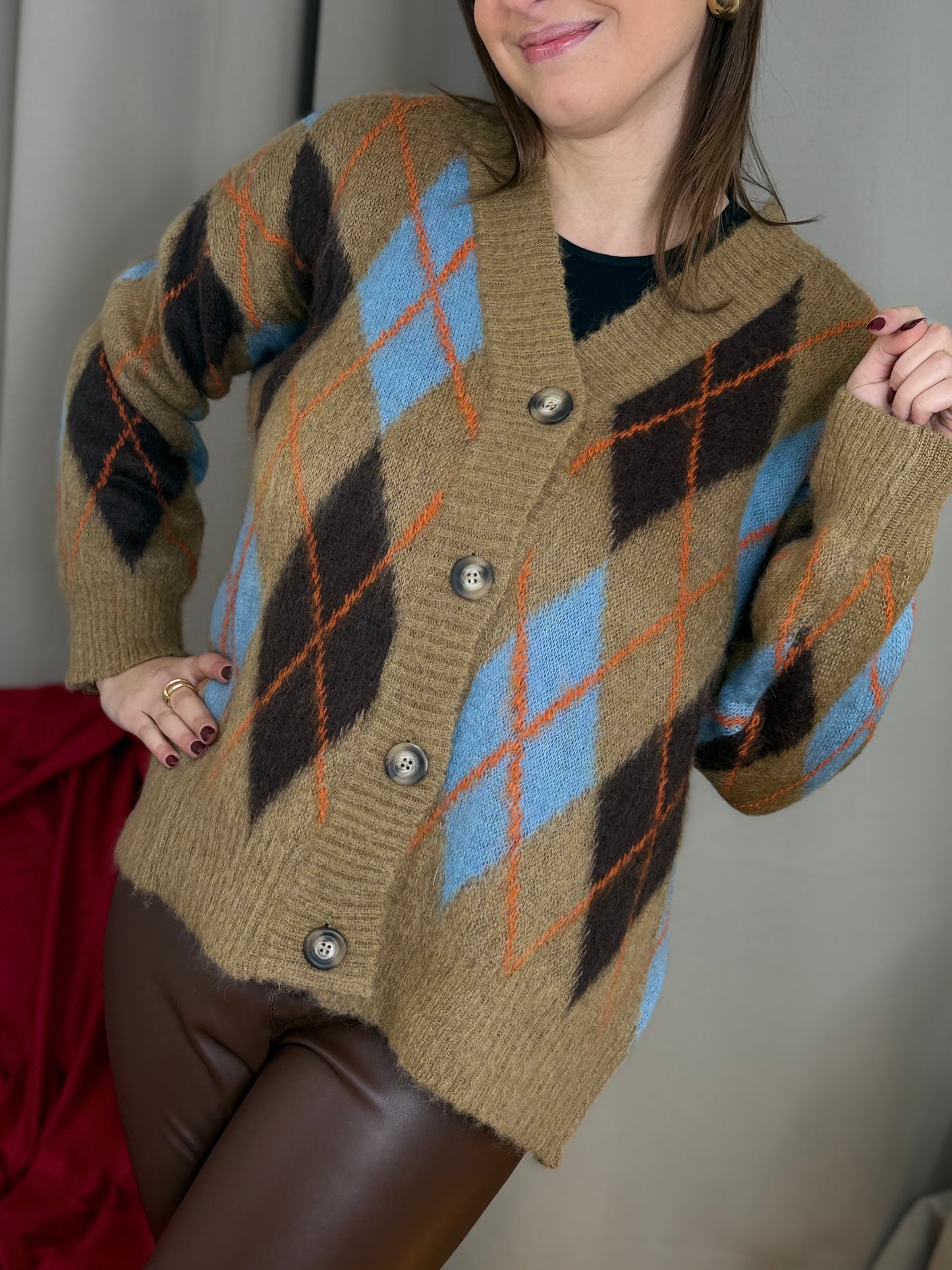Tensione In cardigan rombi in mohair CAMEL/MORO/AZZURRO