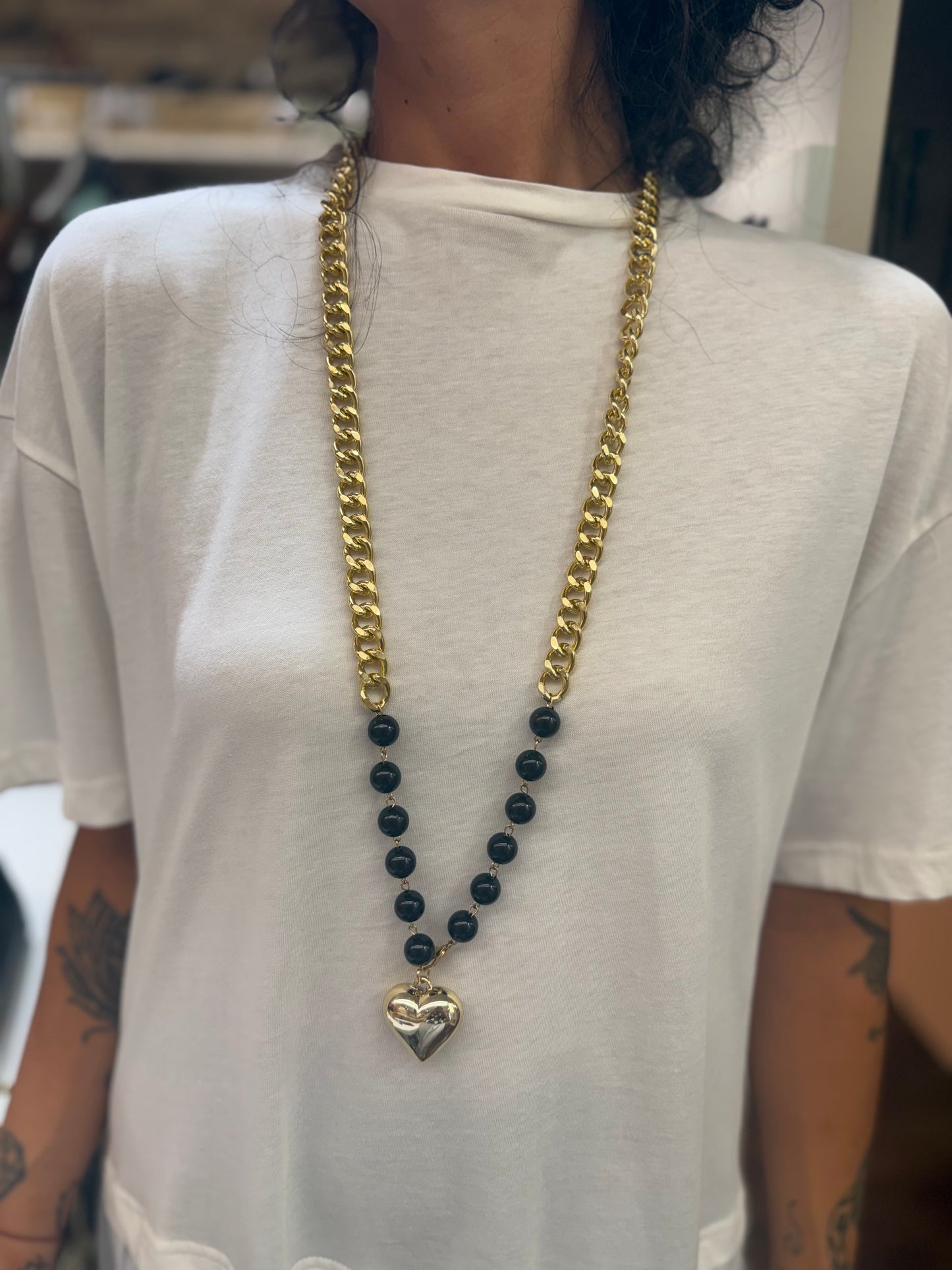 Collana/Cintura in oro e perle NERE ciondolo CUORE