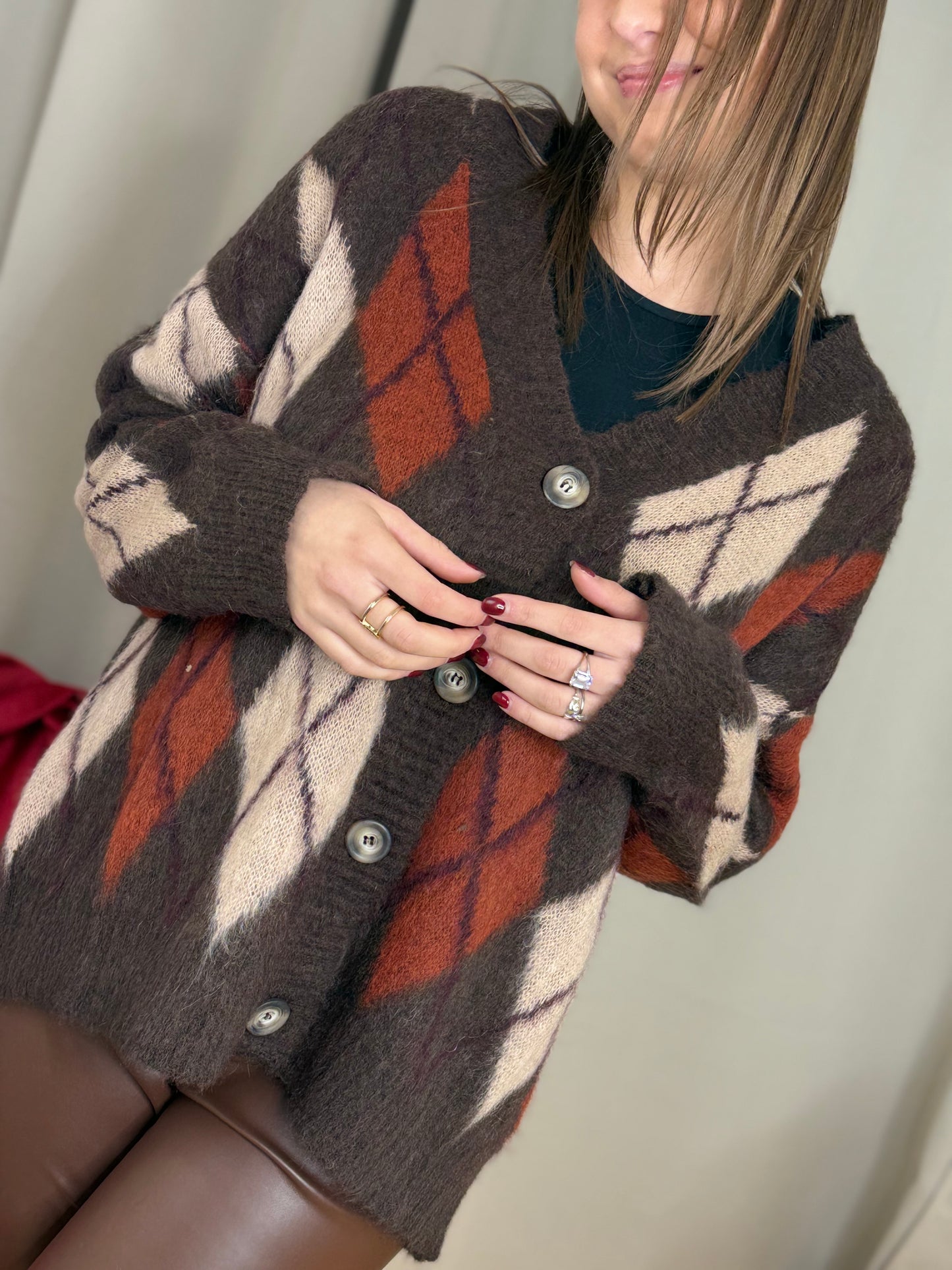 Tensione In cardigan rombi in mohair CAMEL/BURRO/BRUCIATO