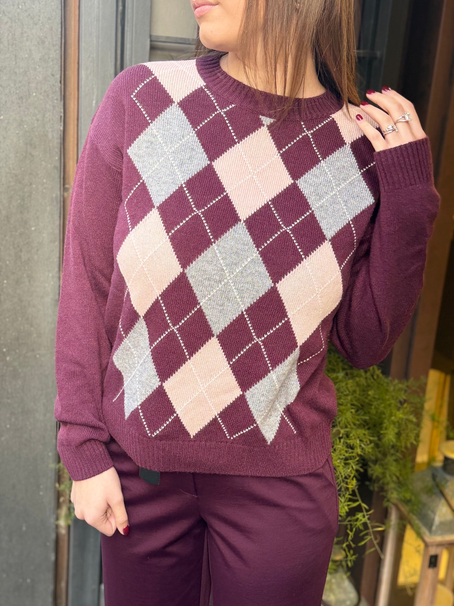 Tensione In Maglia paricollo rombi BORDEAUX/GRIGIO/ROSA