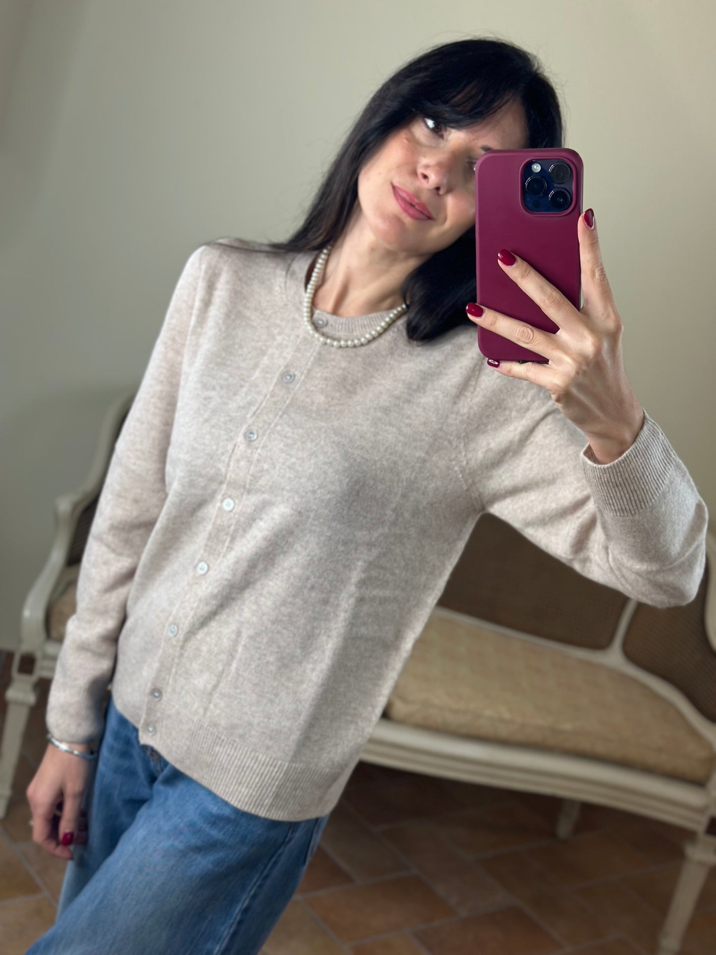 Cardigan paricollo misto cashmere PANNA