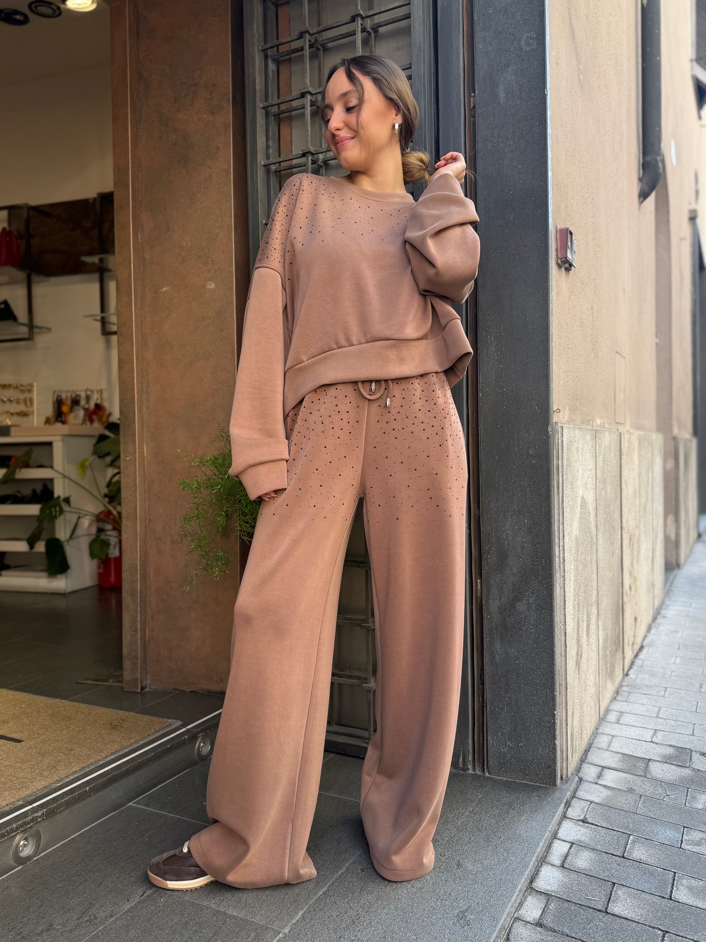 Pantalone a palazzo in modal con strass BEIGE