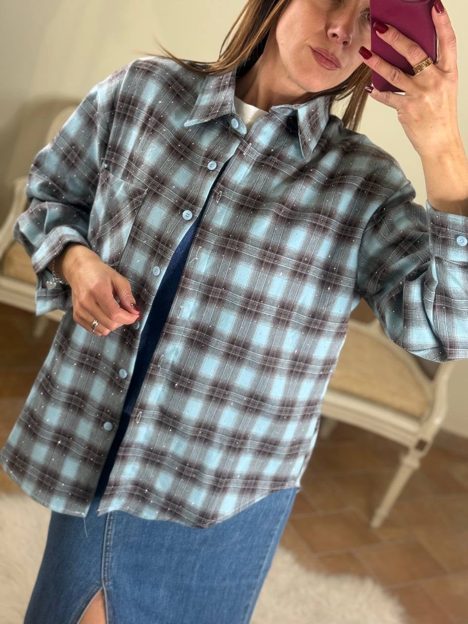 Camicia JOY quadri con punti luce CELESTE/MORO