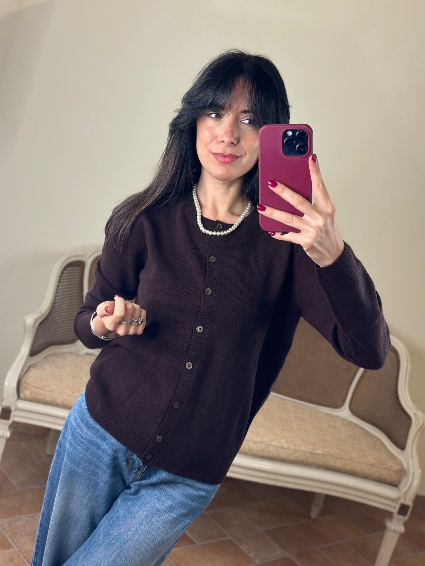 Cardigan CARLA paricollo misto cashmere CAFFEE