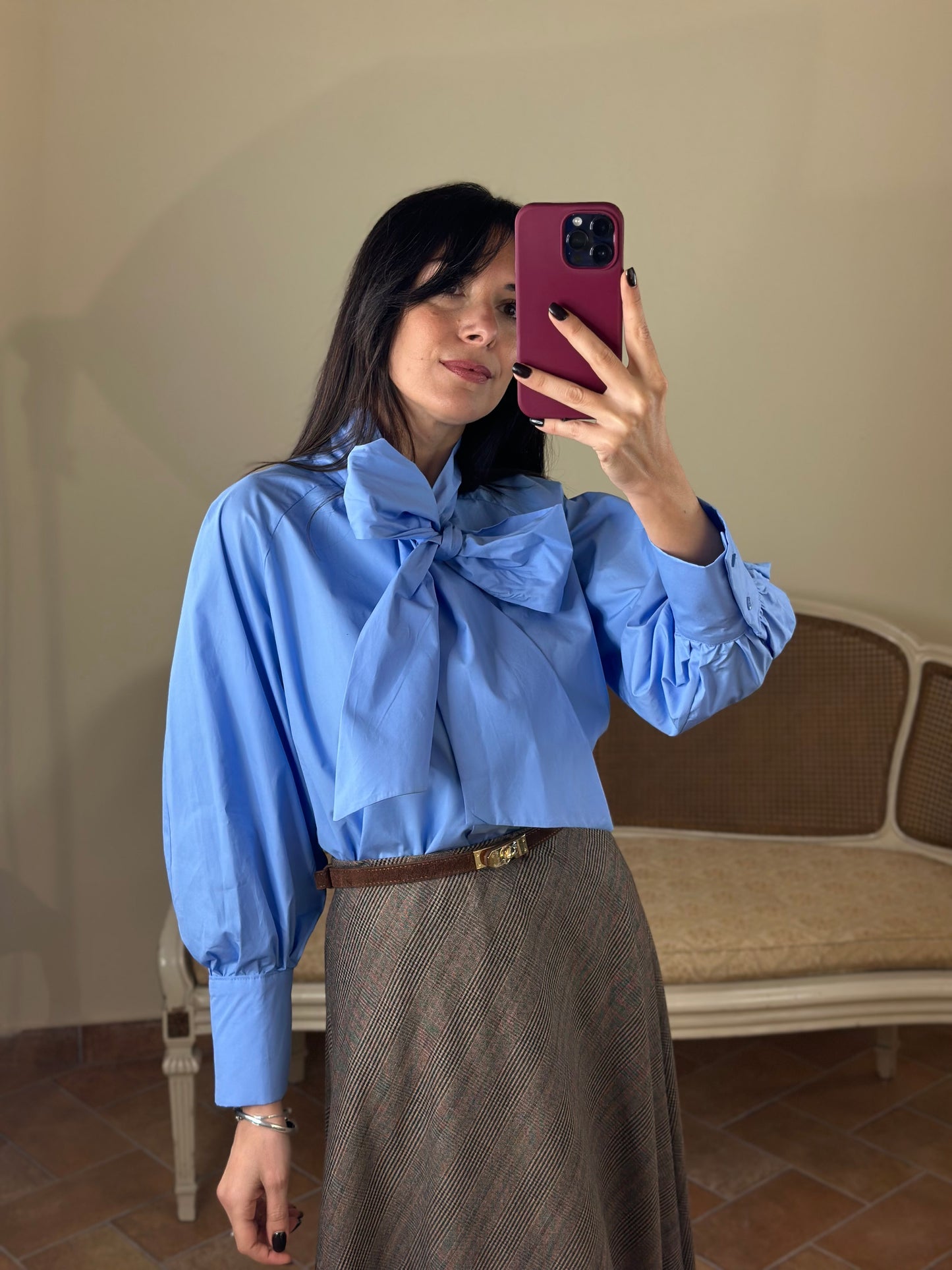 Camicia in popeline CELESTE con fiocco