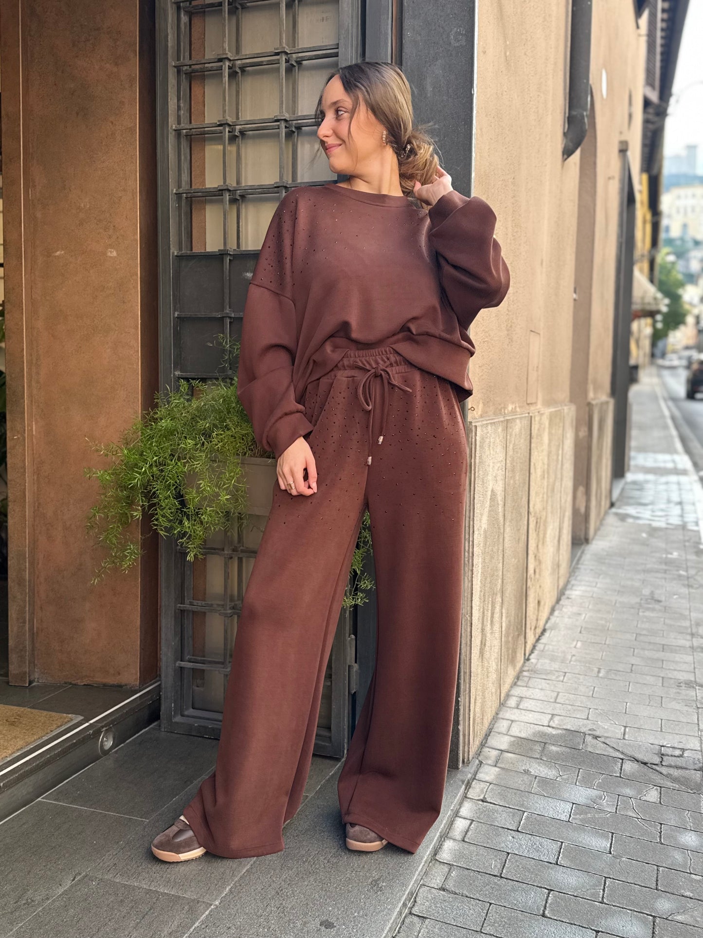 Pantalone a palazzo in modal con strass CIOCCOLATO