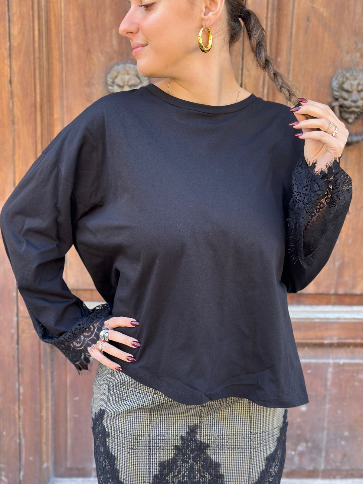 Tensione in T-shirt pizzo NERO/NERO