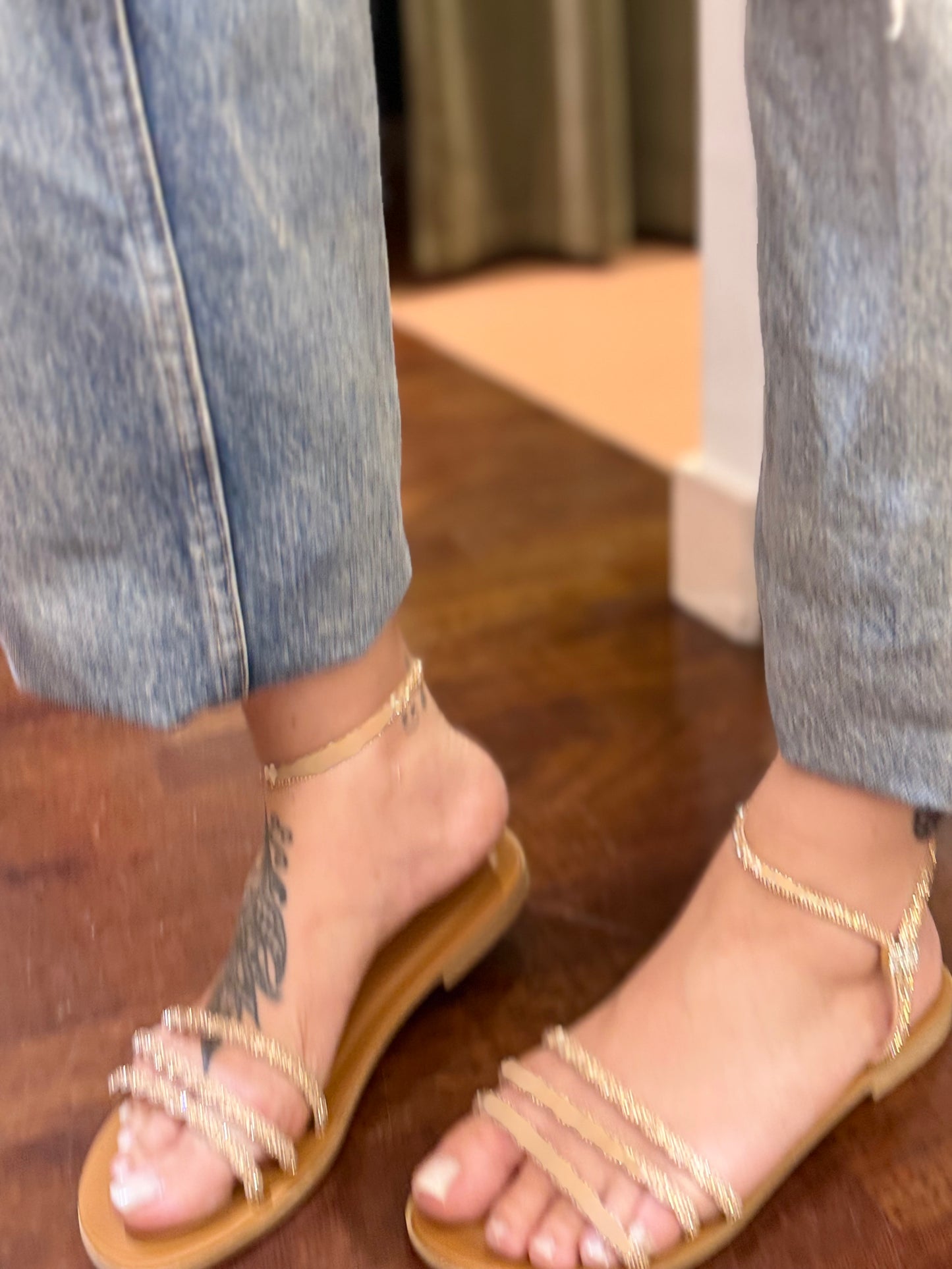 Donna Toscana Sandalo flat con cavigliera e strass rose gold
