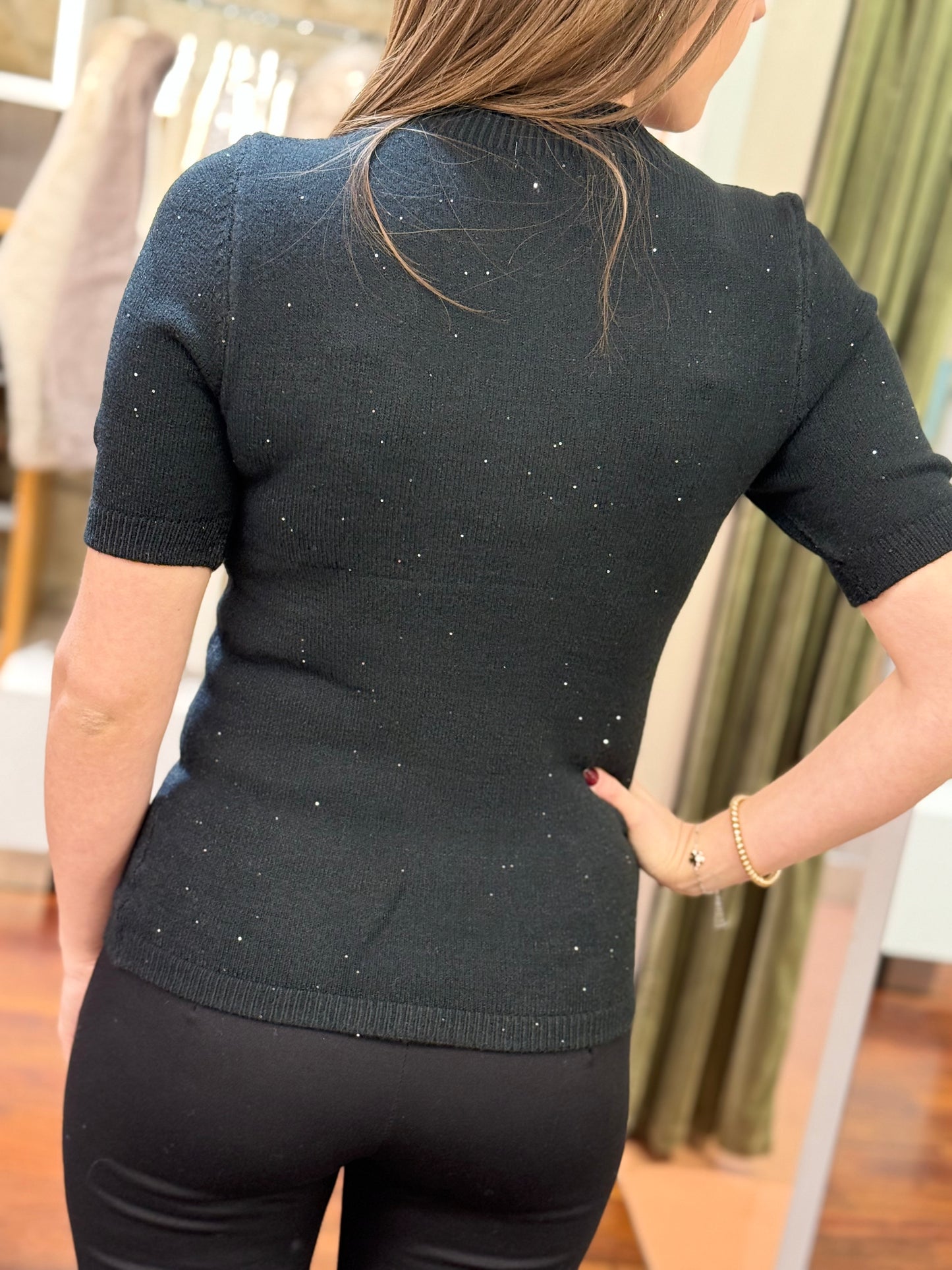 Maglia manica corta con micro paillettes NERO