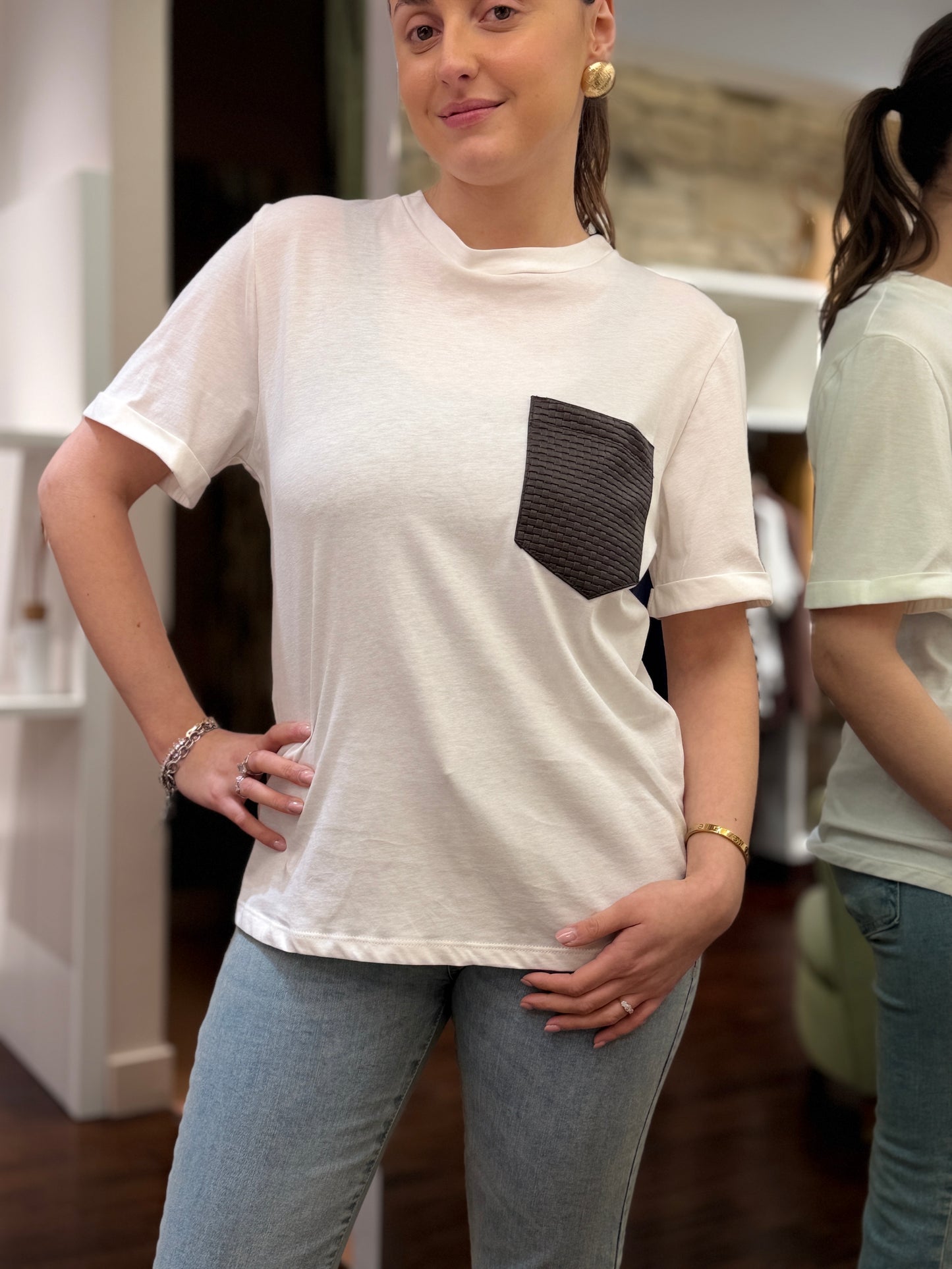 Tensione in T-shirt tasca in ecopelle BIANCA/ MORO