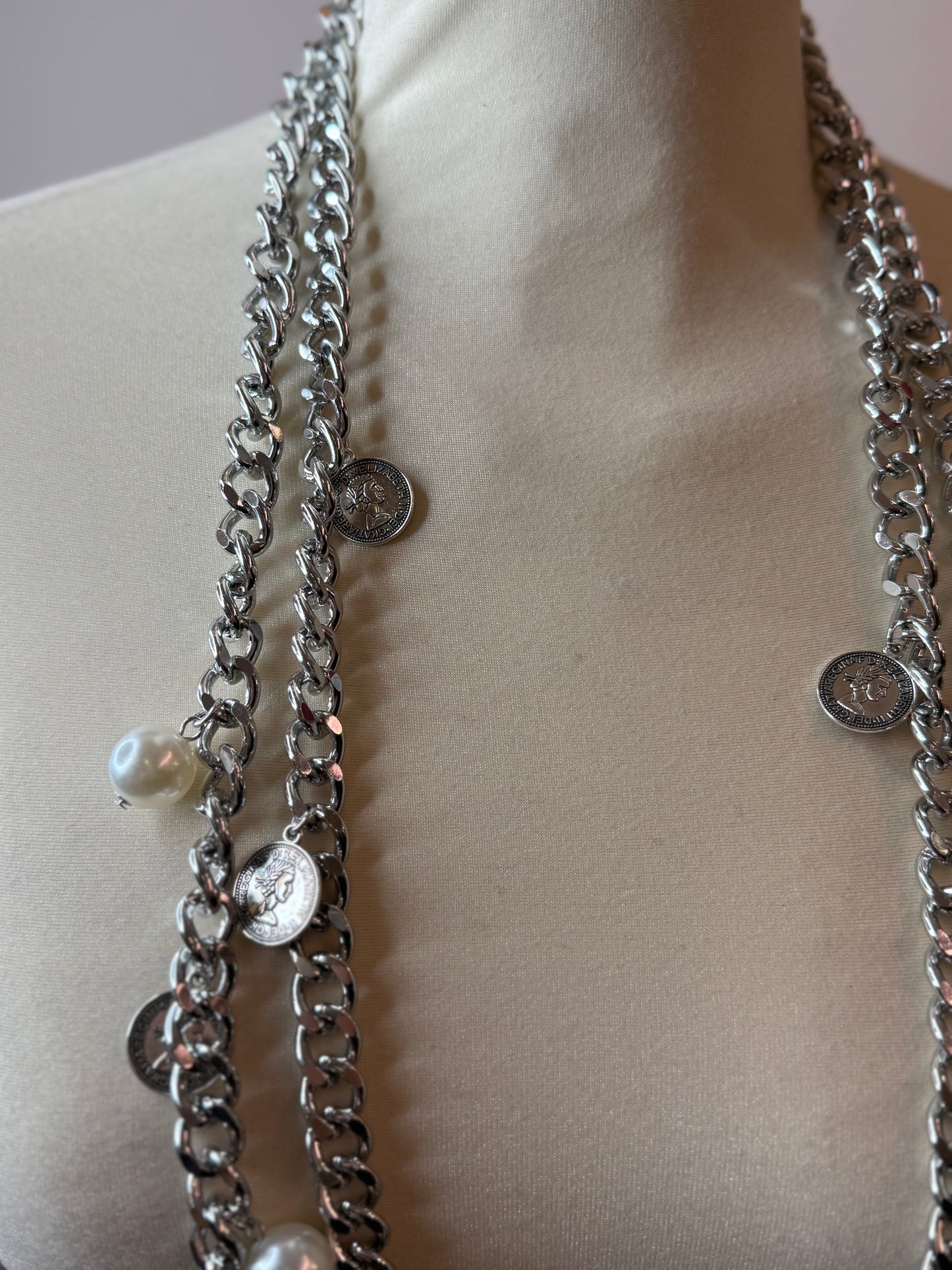 Collana/Cintura catena in ARGENTO con perle e monete