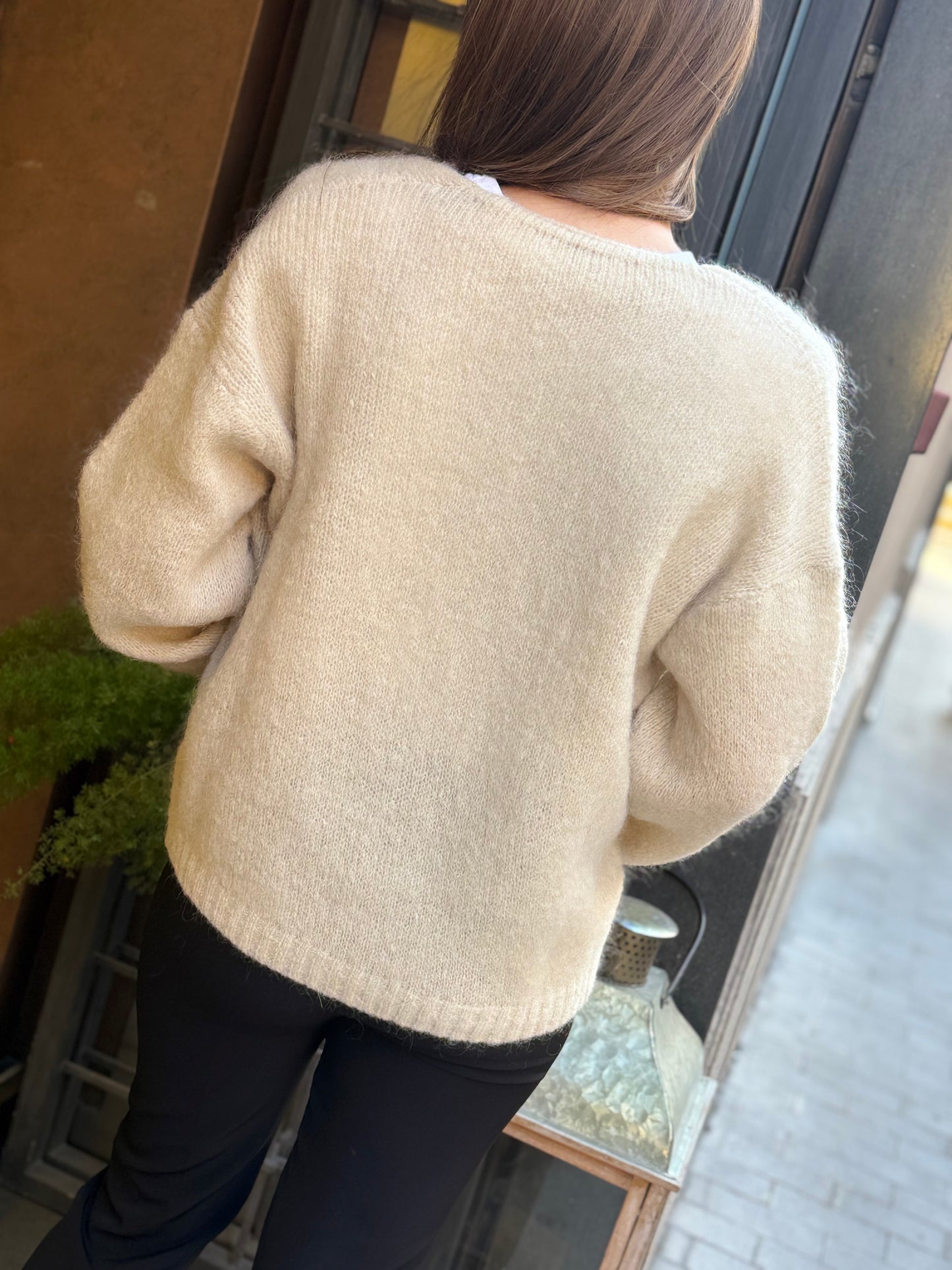 Cardigan ISABELLE scollo a V con bottoni gioiello BURRO