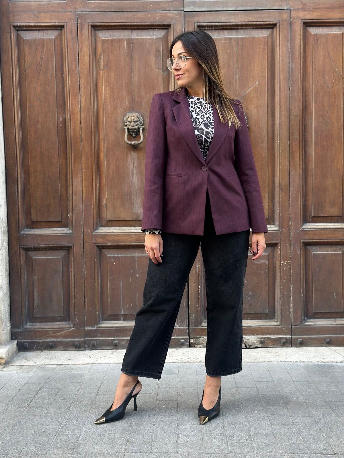 Haveone giacca gessata BORDEAUX/NERO
