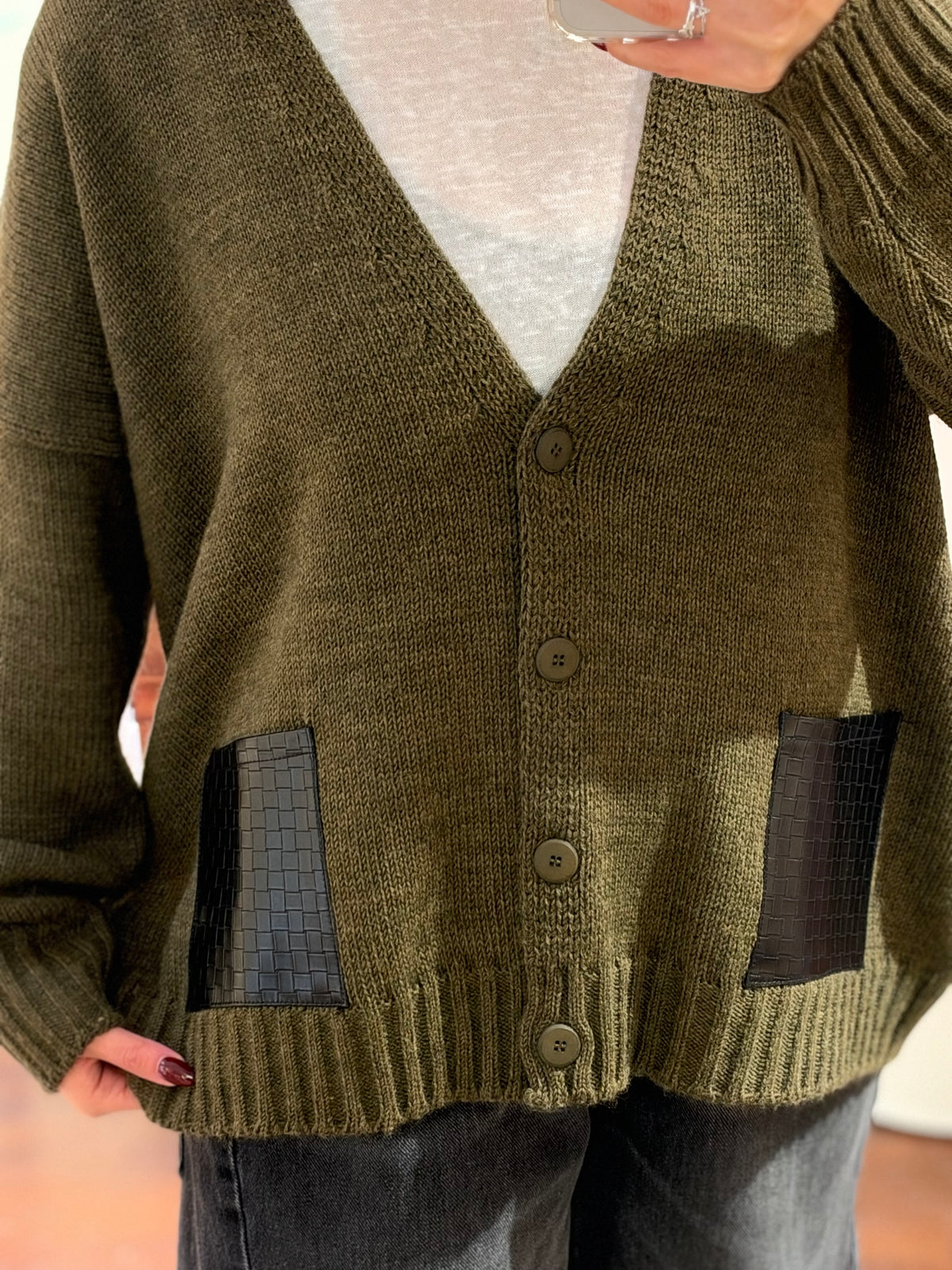 Haveone Cardigan con tasca in Ecopelle MILITARE/NERO