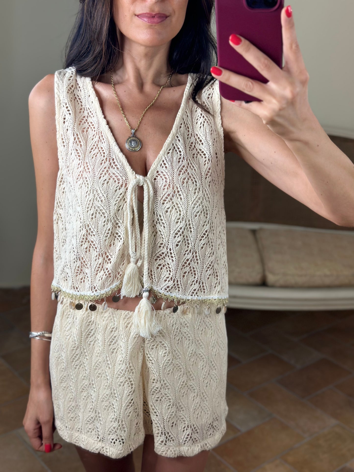 GILET pizzo e conchiglie PANNA