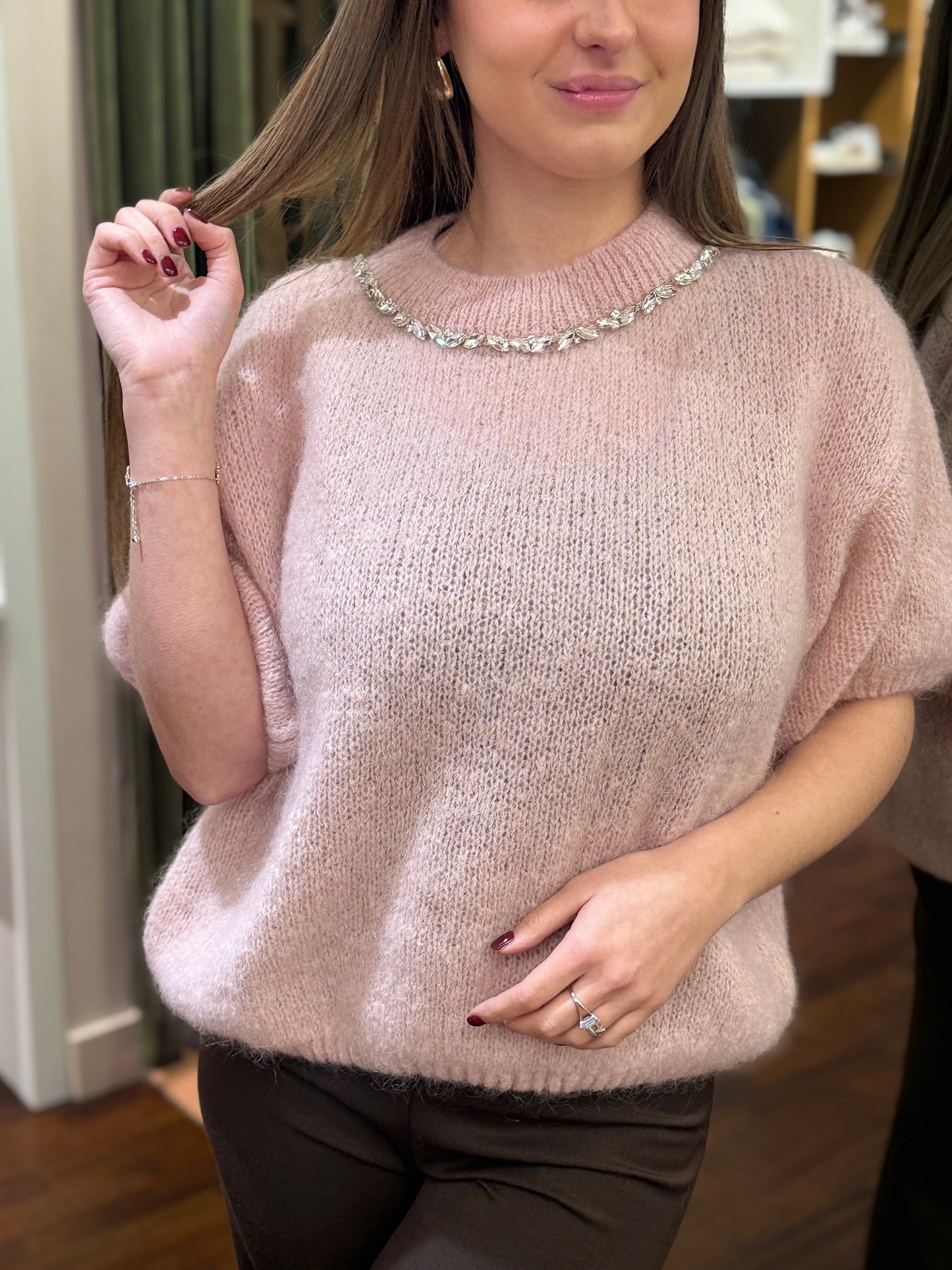 Maglia con girocollo cristalli ROSA