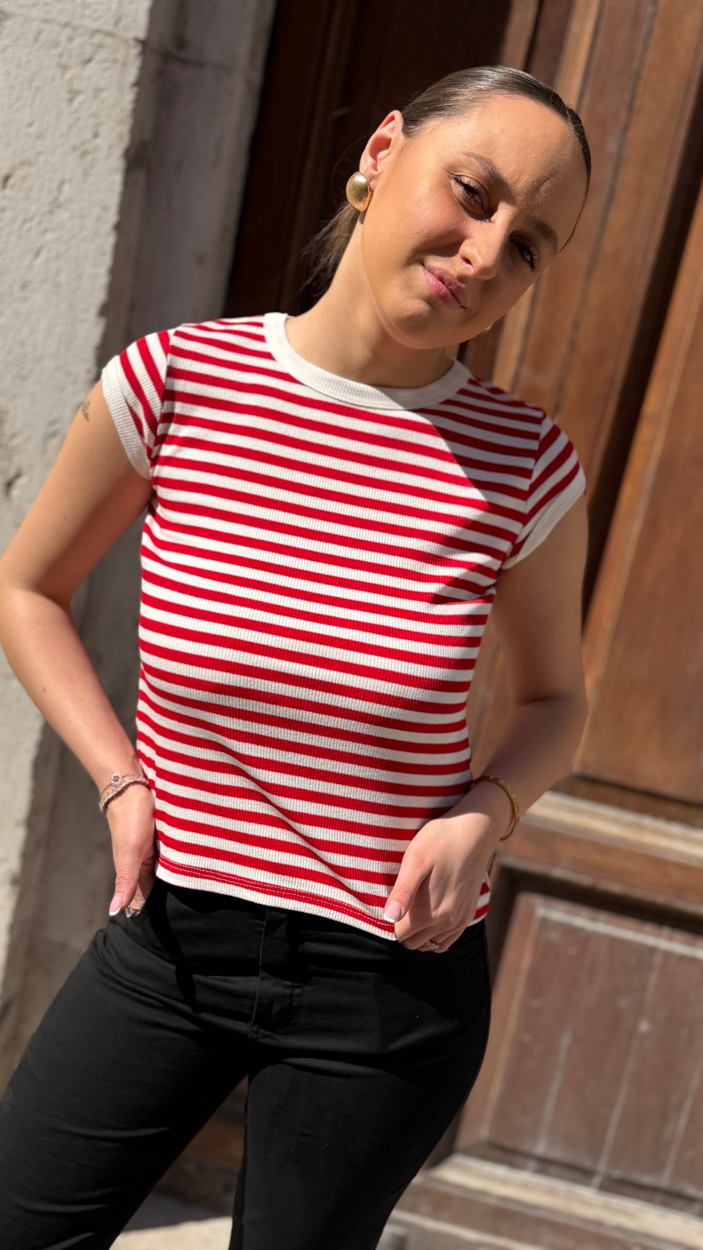 Tensione in t-shirt costina rigata Bianco/rosso