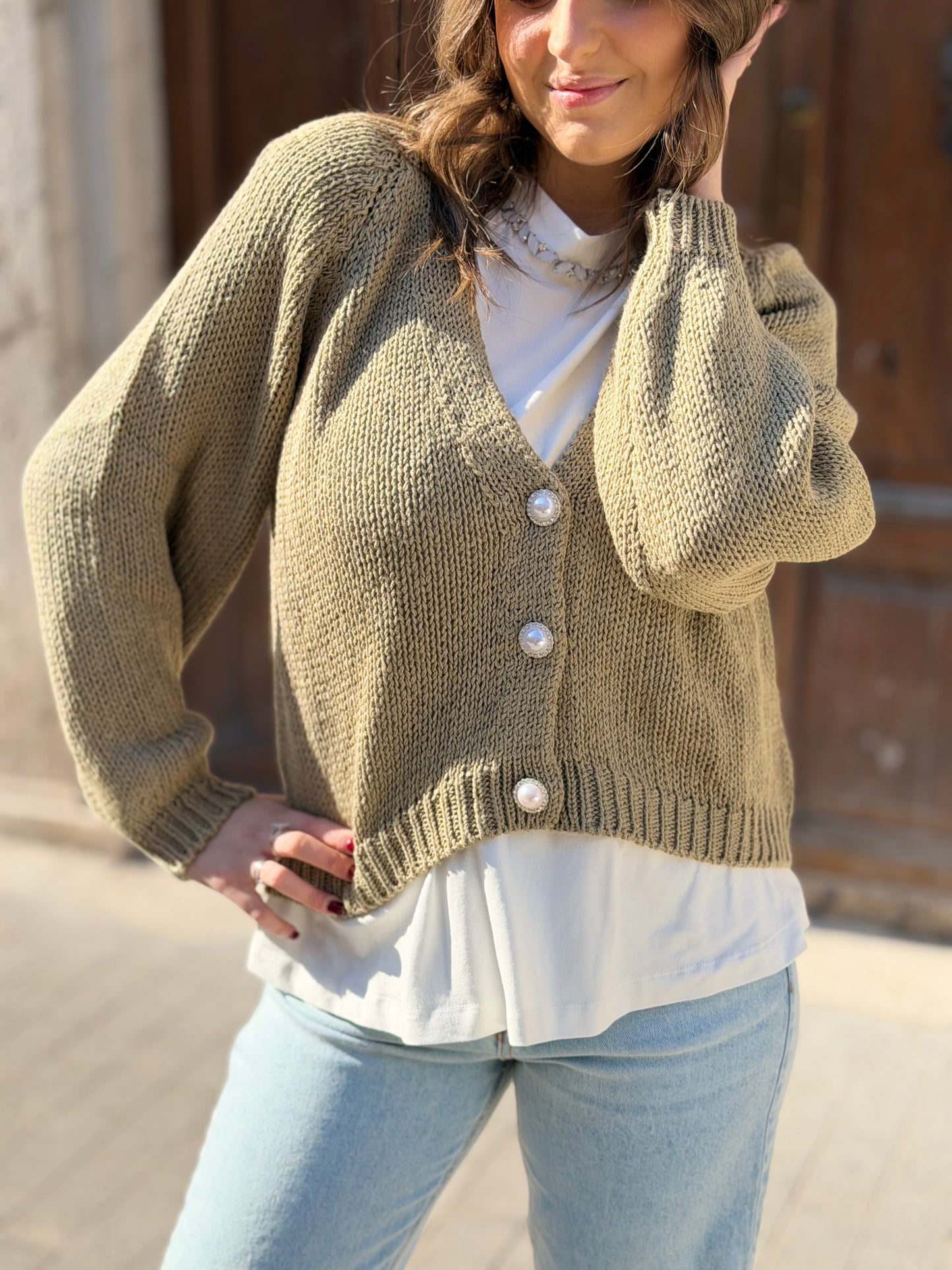 Haveone Cardigan bottone gioiello KAKI