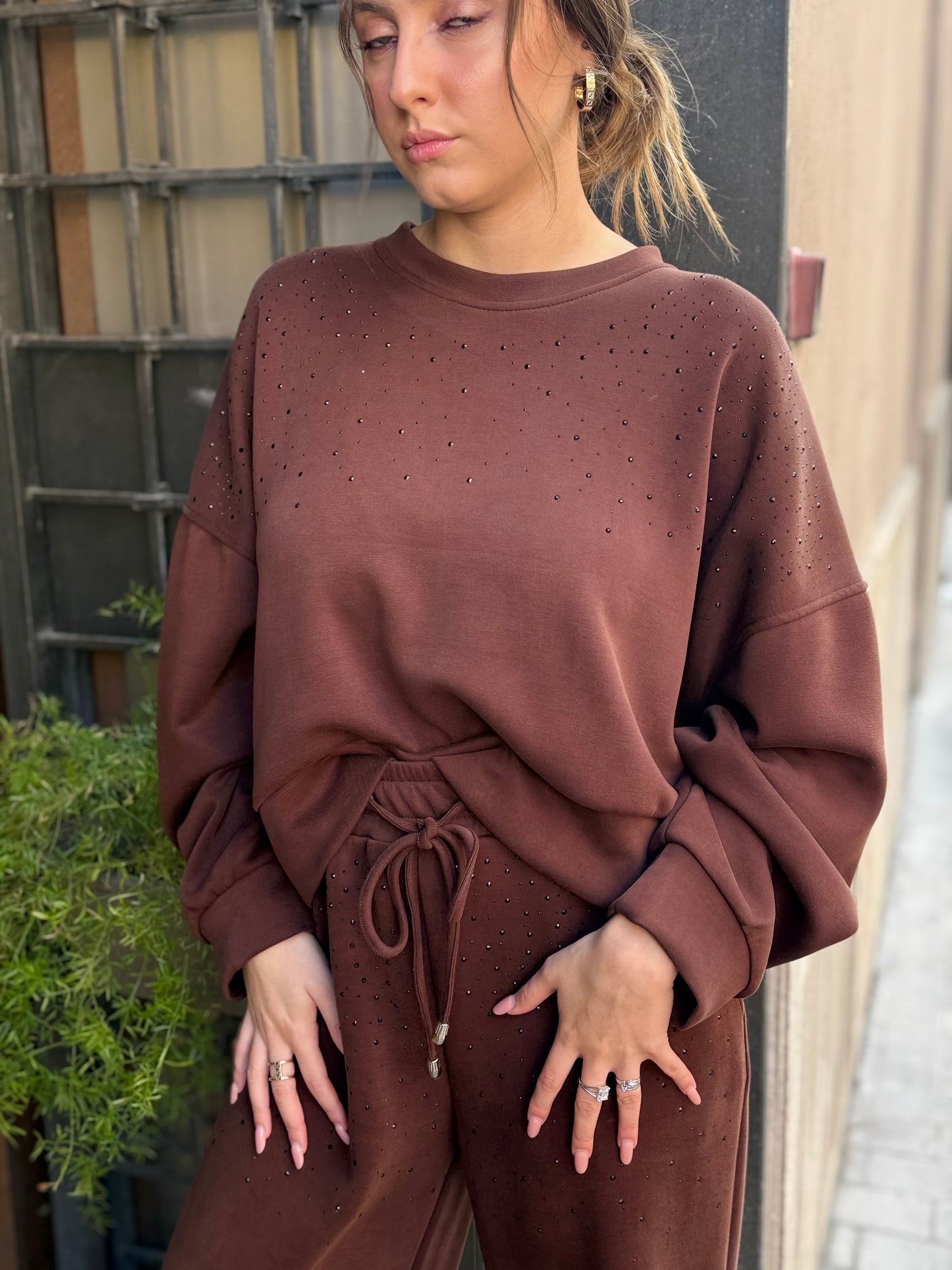 Felpa in modal con strass CIOCCOLATO