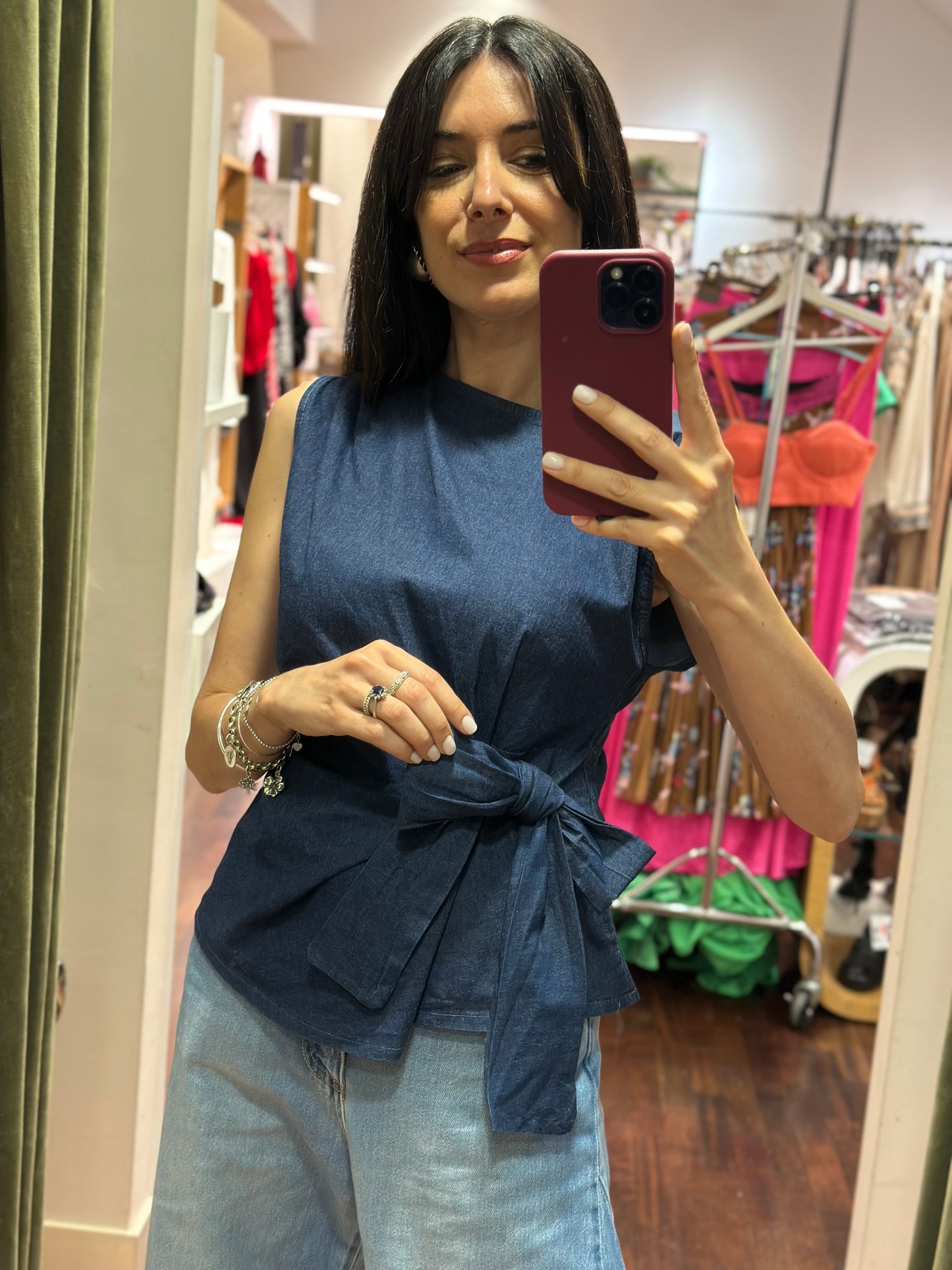 Top con fiocco laterale in denim chambray