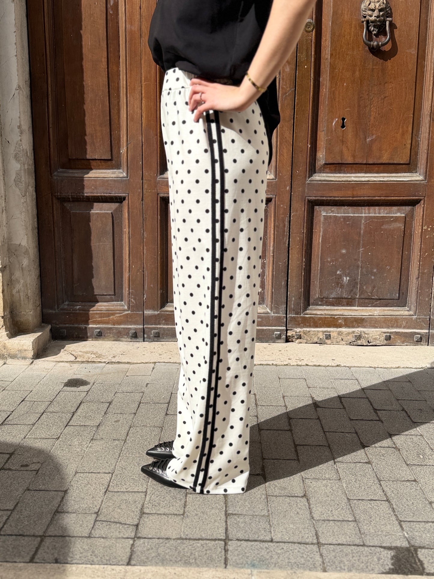 Pantalone a pois con bande laterali Bianco/nero