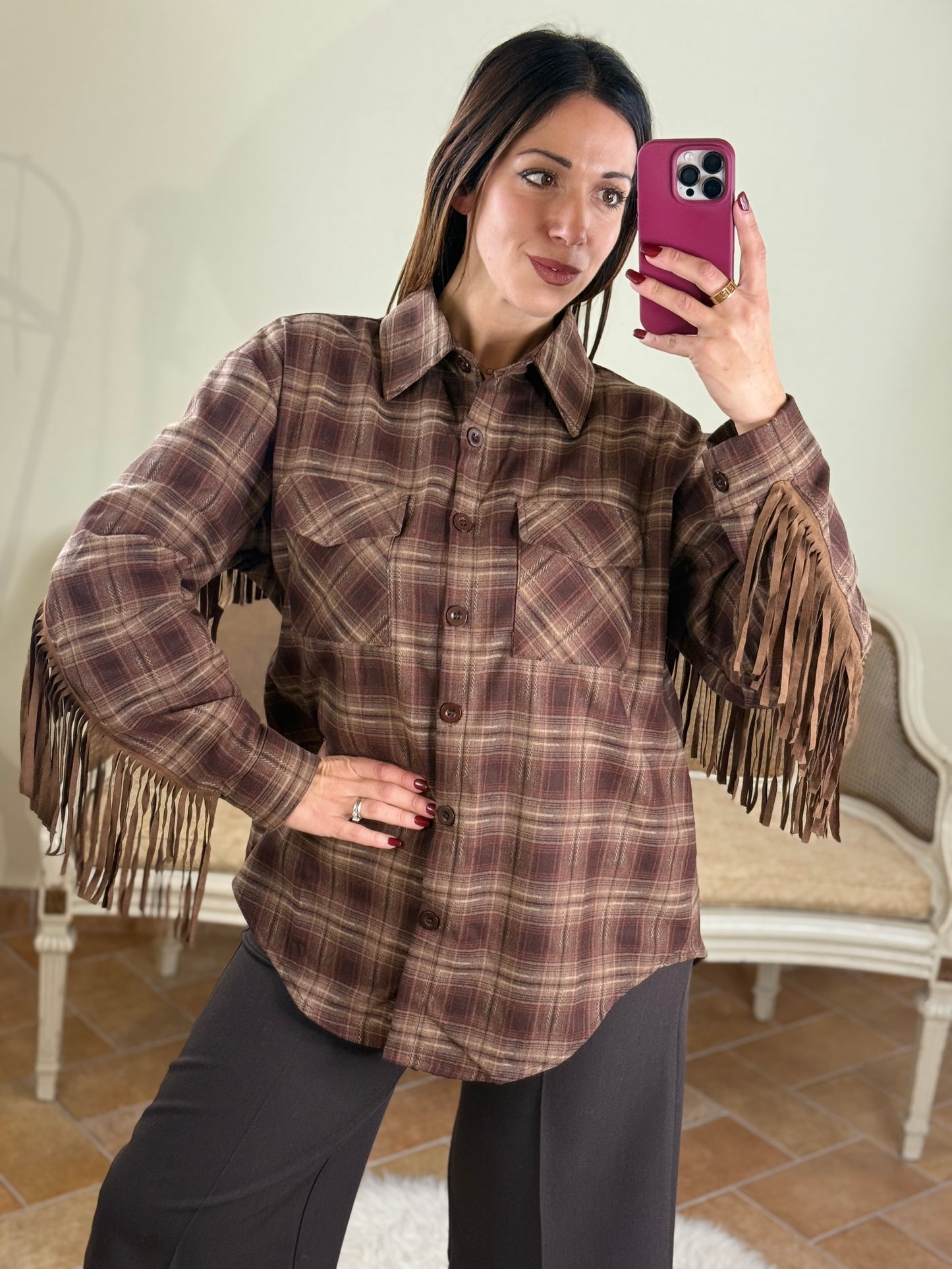 Camicia a quadri con frange BORDEAUX/BEIGE