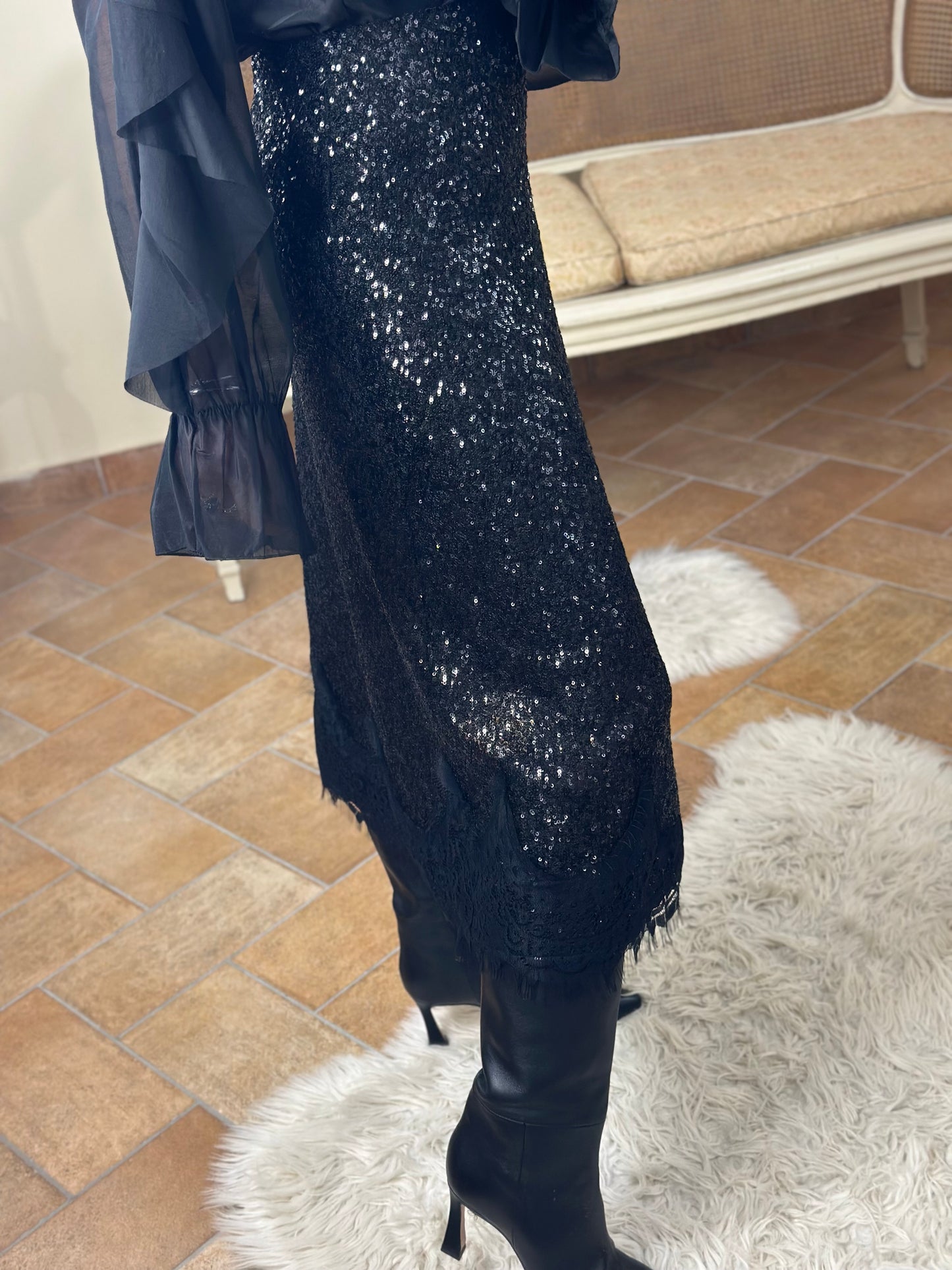 Gonna midi NERA con paillettes e pizzo