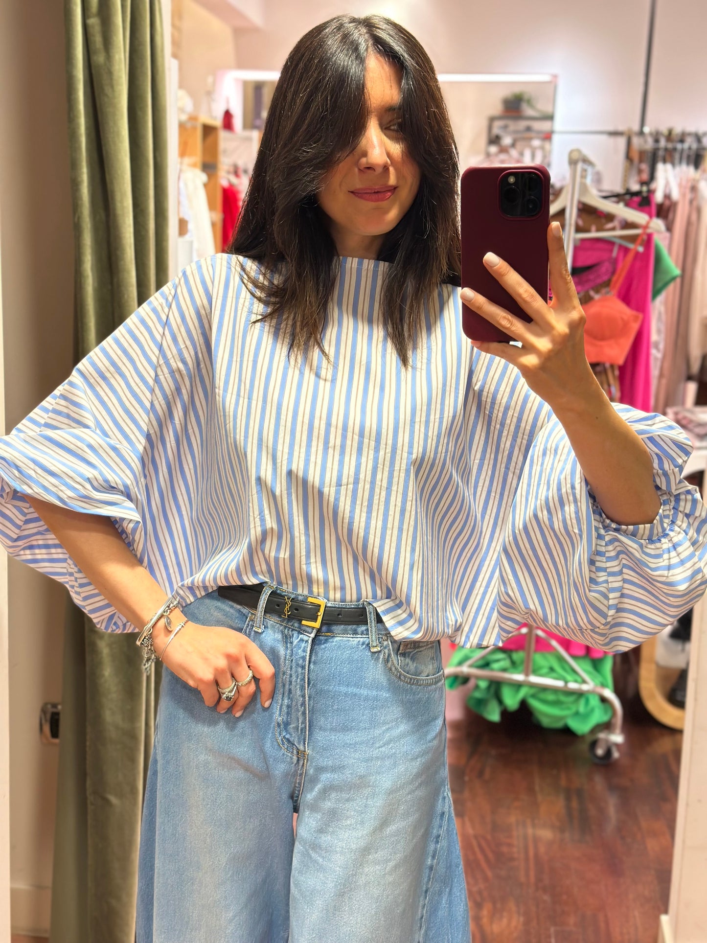 Blusa INES a righe bianco/celeste manica a palloncino