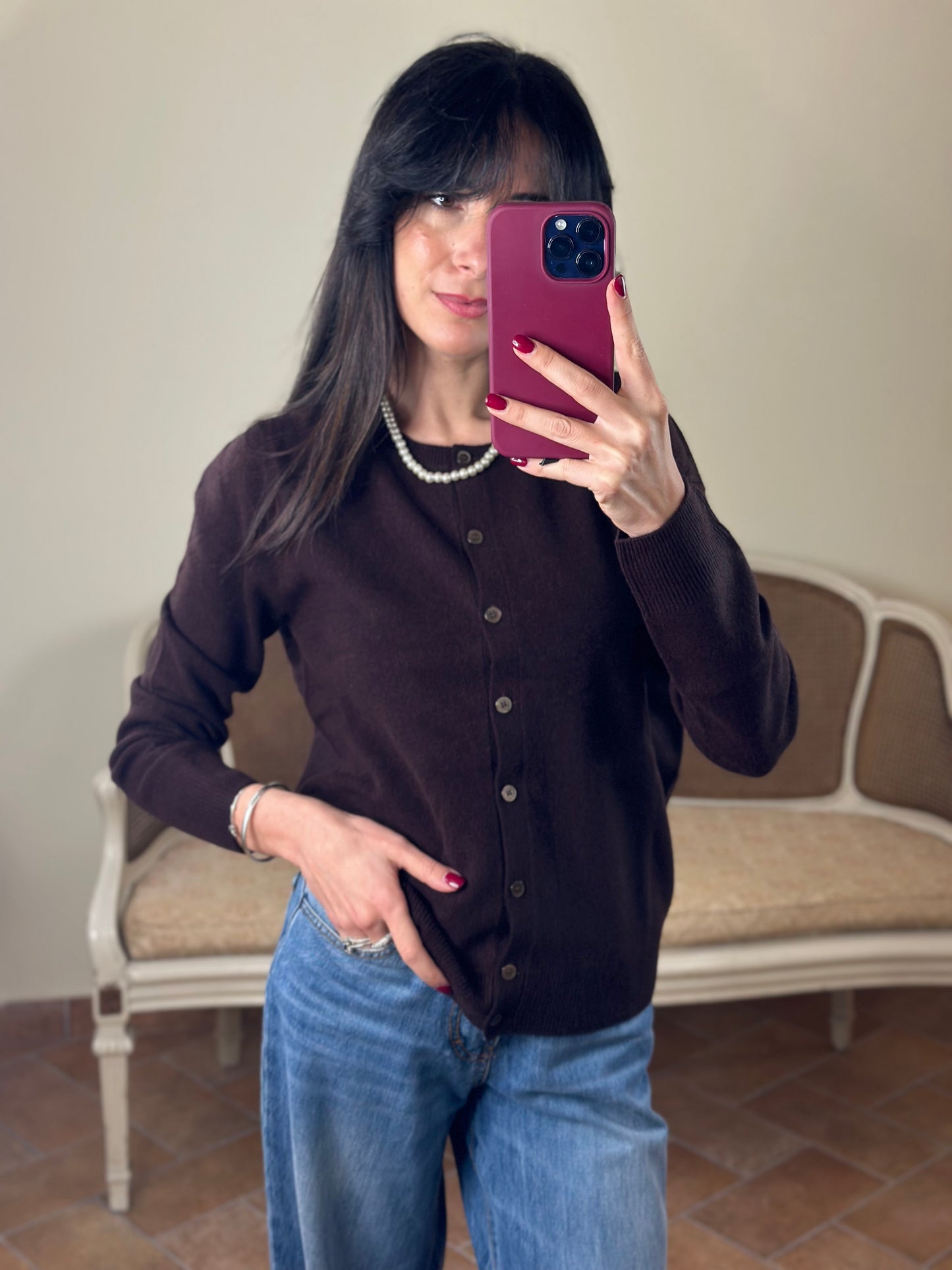 Cardigan CARLA paricollo misto cashmere CAFFEE