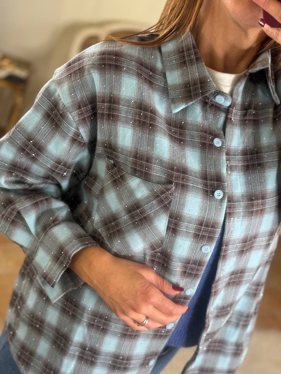 Camicia JOY quadri con punti luce CELESTE/MORO