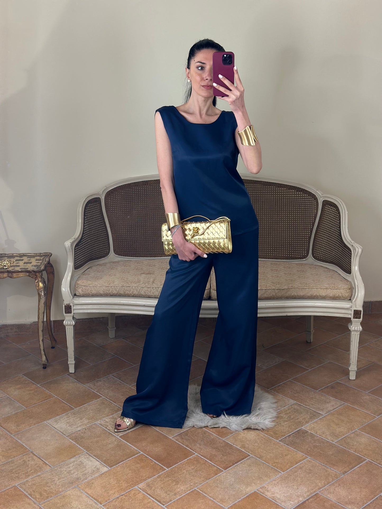 Pantalone a palazzo in viscosa e lino BLU NAVY