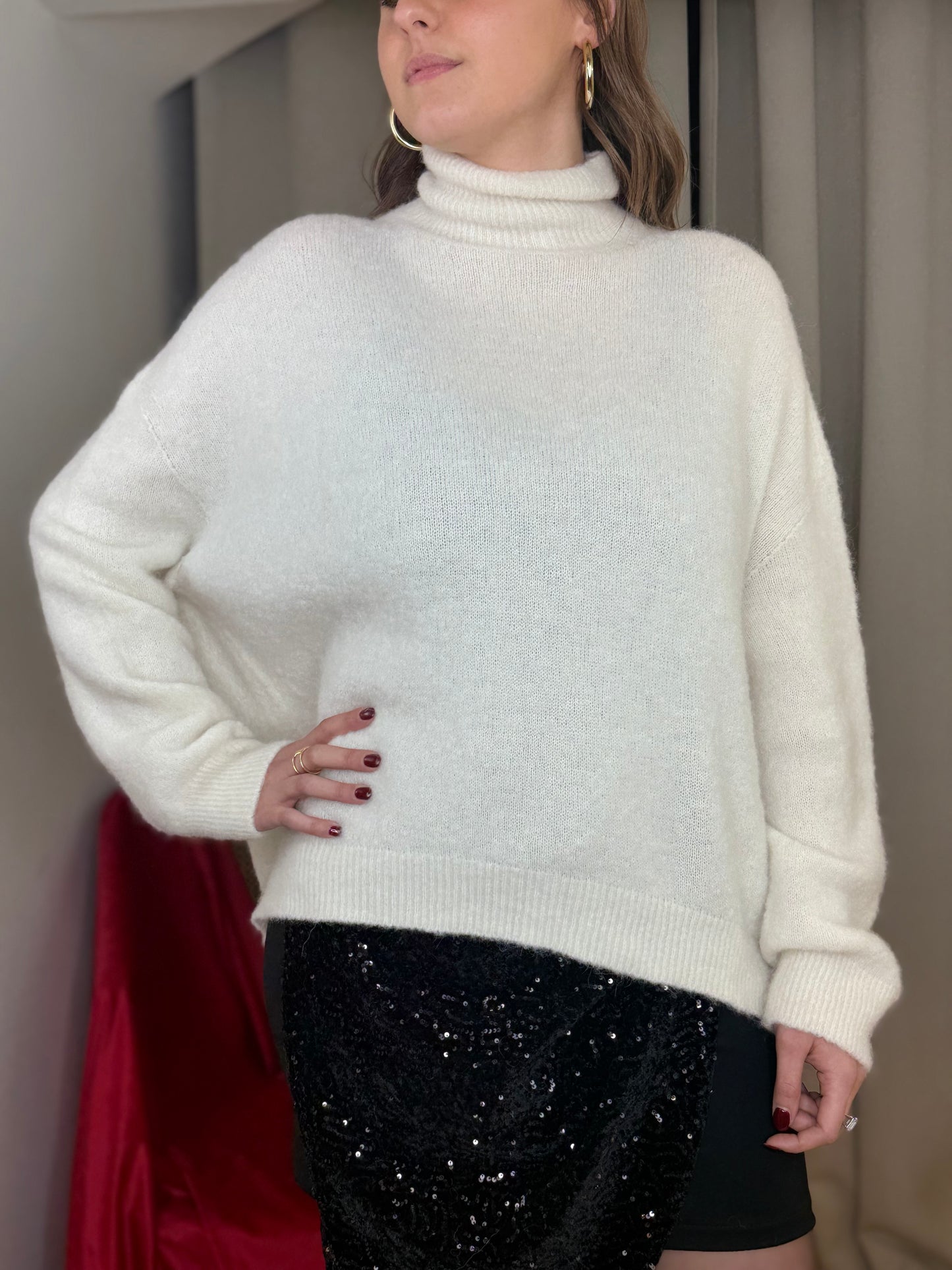 Maglia collo rialzato in baby alpaca PANNA