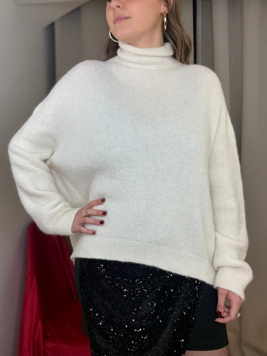 Maglia collo rialzato in baby alpaca PANNA