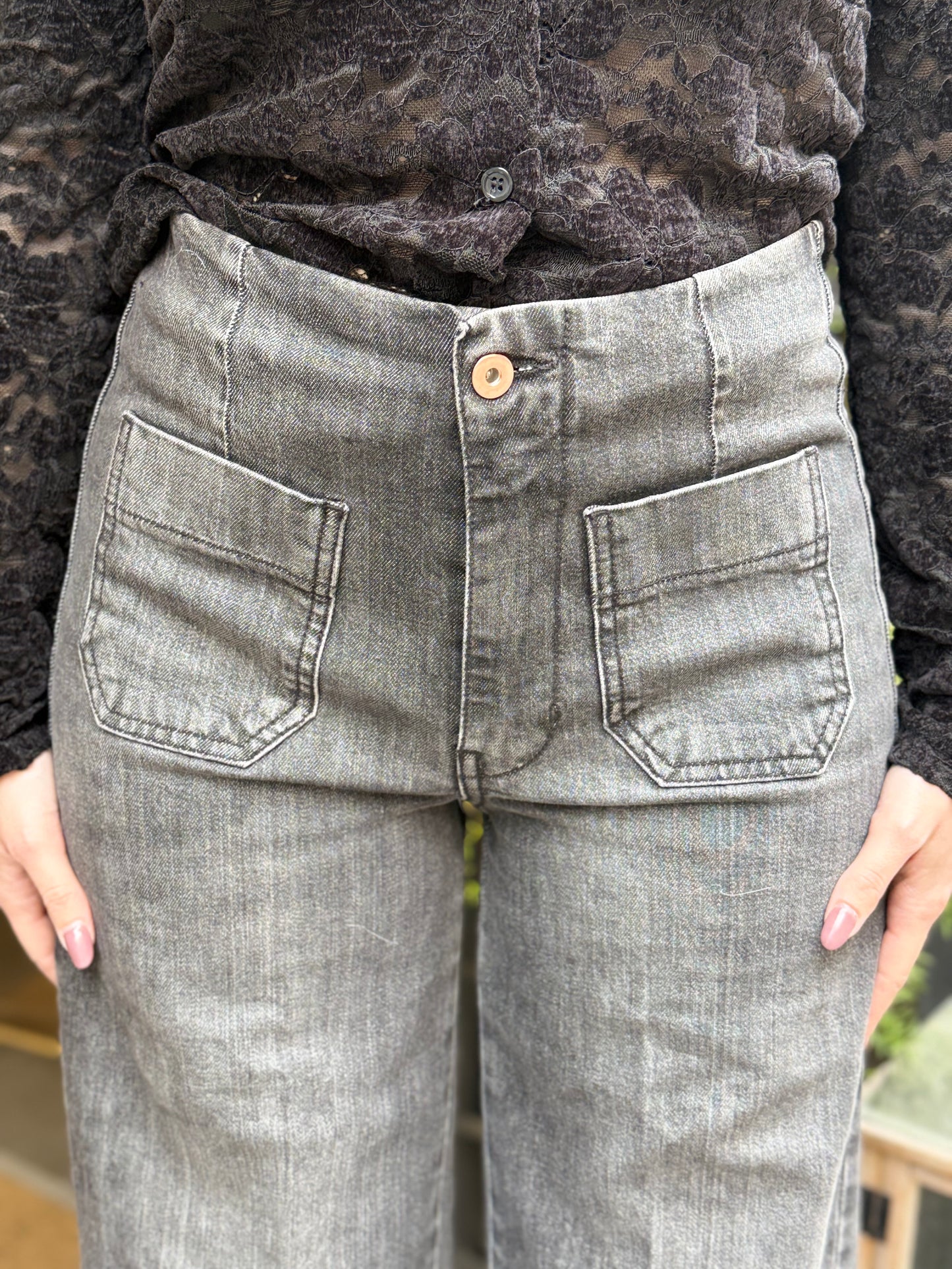 Tensione In Jeans denim NERO palazzo con taschini