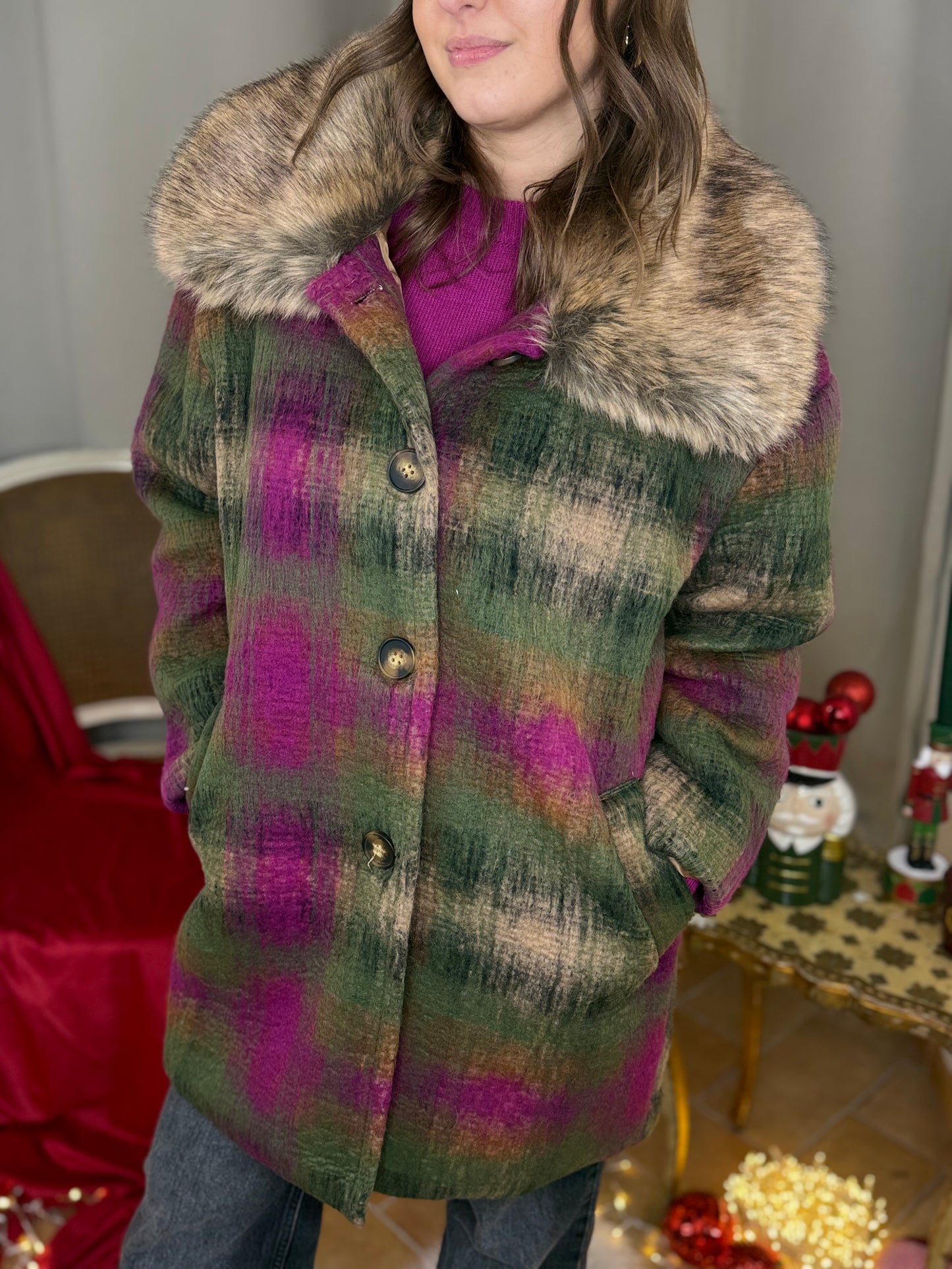 Cappotto in lana midi check con colletto pelliccia MILITARE/BEIGE/FUCSIA