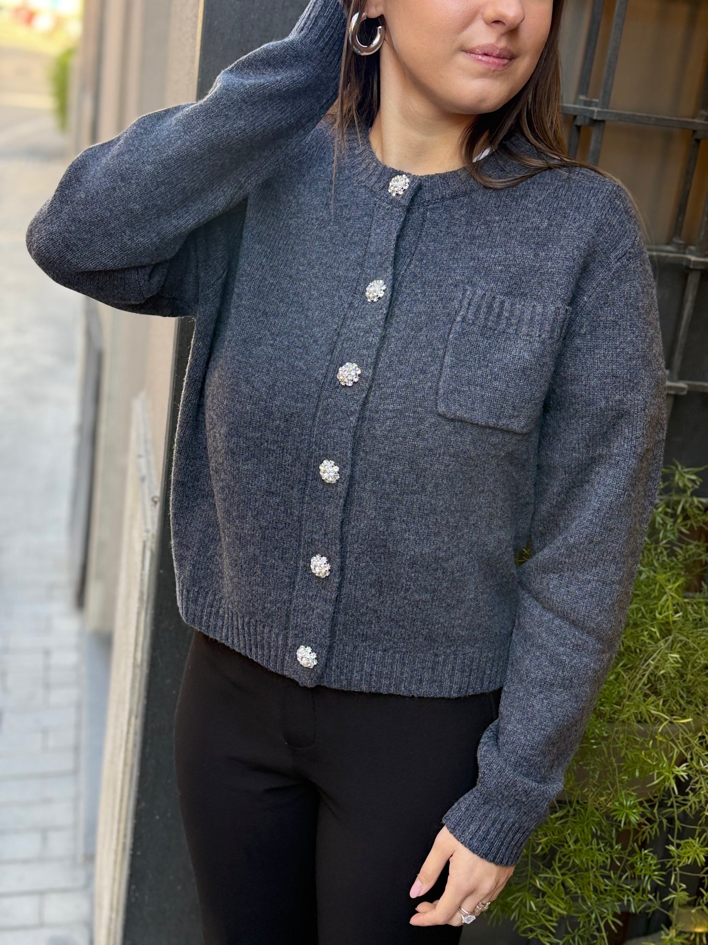 Cardigan GIORGIA con bottoni gioiello misto cashmere ANTRACITE