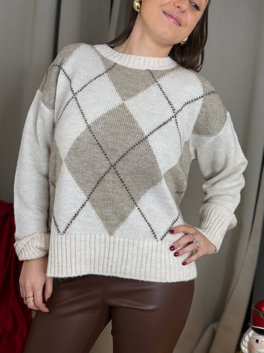 Tensione In maglia in lana rombi BURRO/BEIGE/MORO