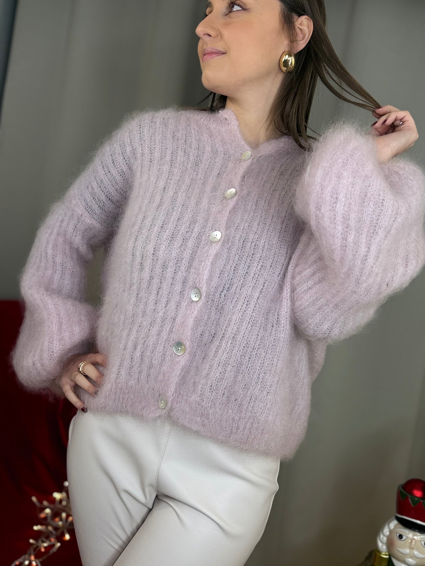Cardigan in Kid Mohair ROSA con bottoni madreperla