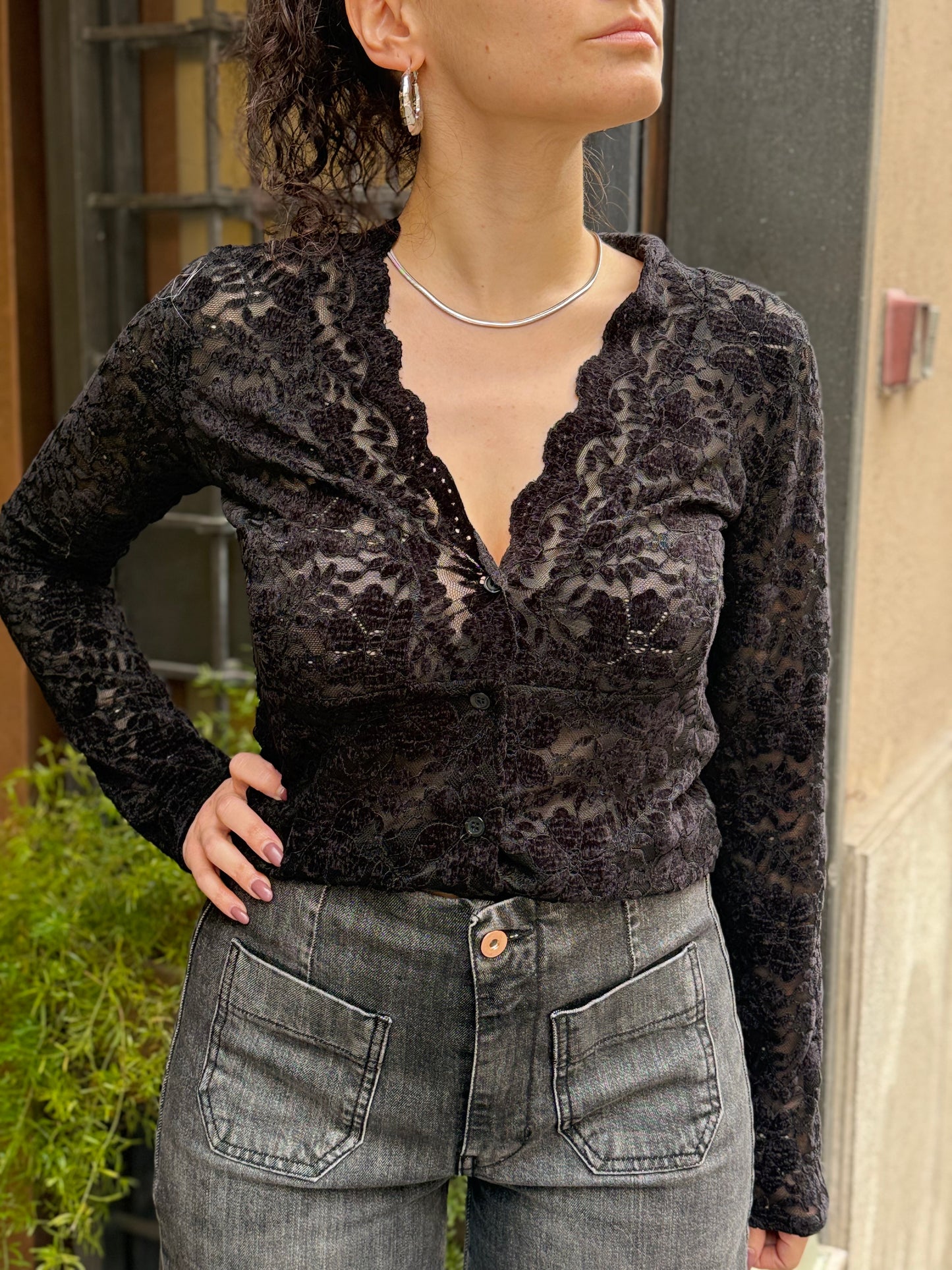 Cardigan pizzo in ciniglia NERO