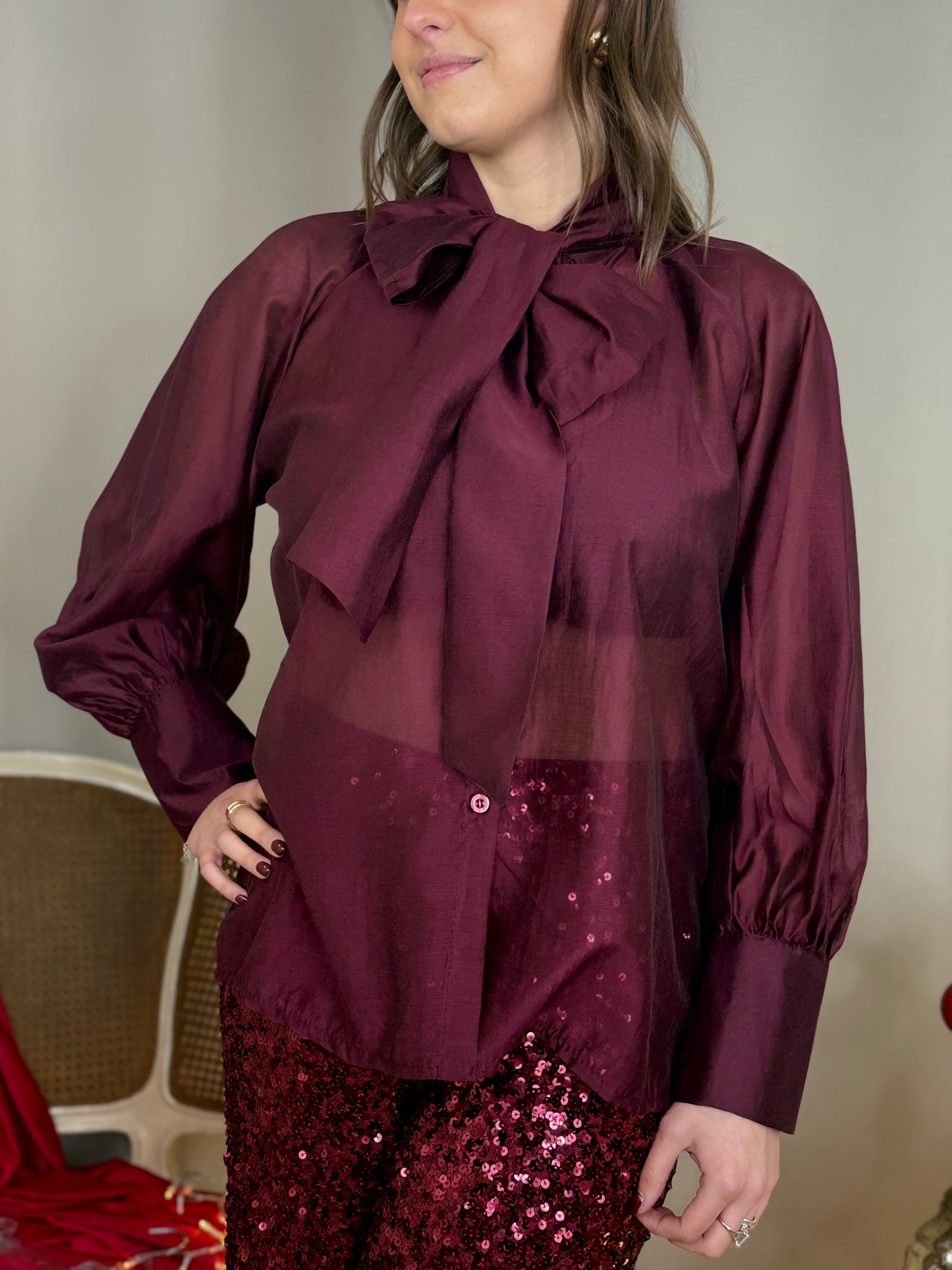 Camicia in tencel con fiocco BORDEAUX