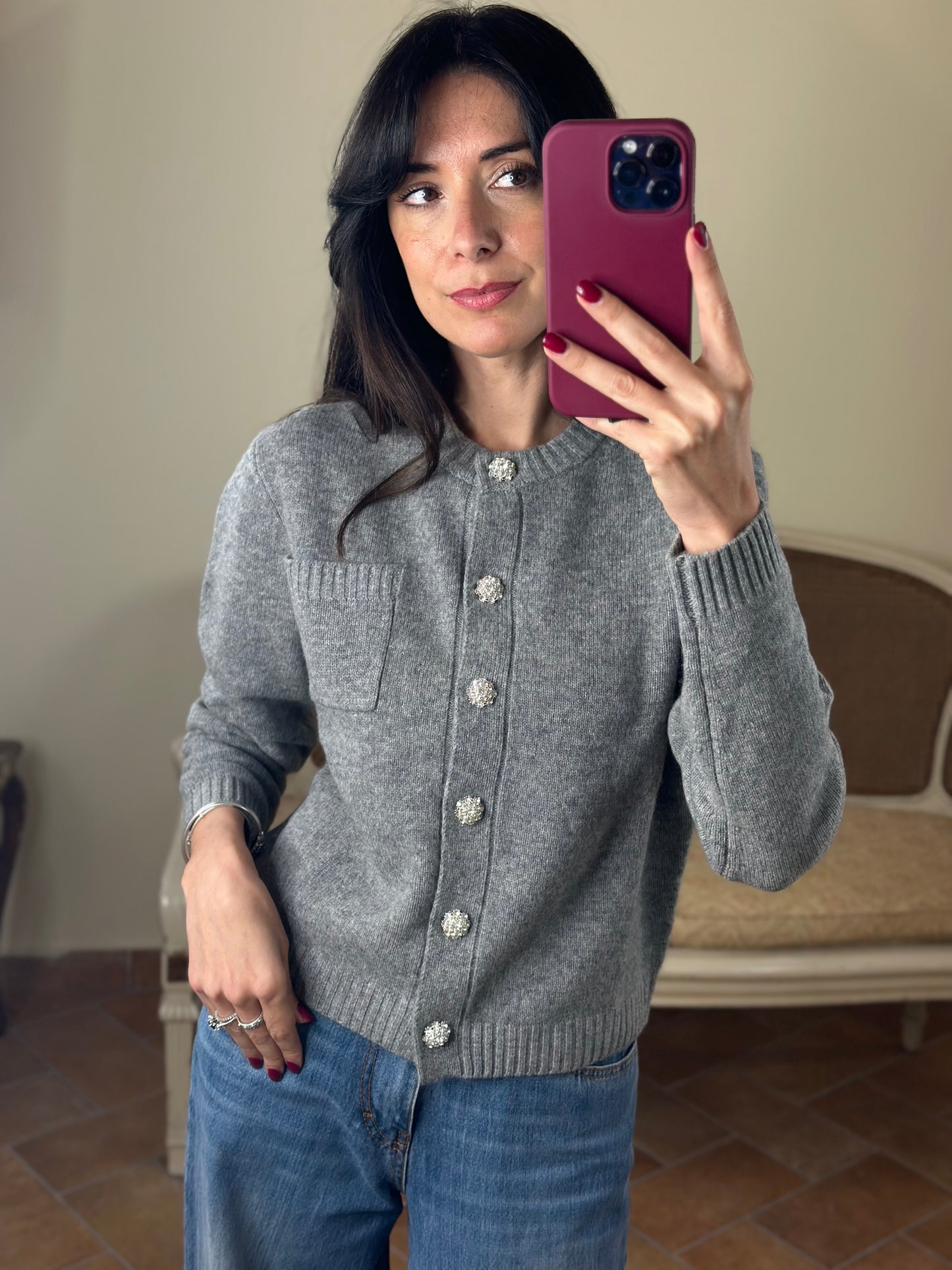 Cardigan GIORGIA con bottoni gioiello misto cashmere GRIGIO