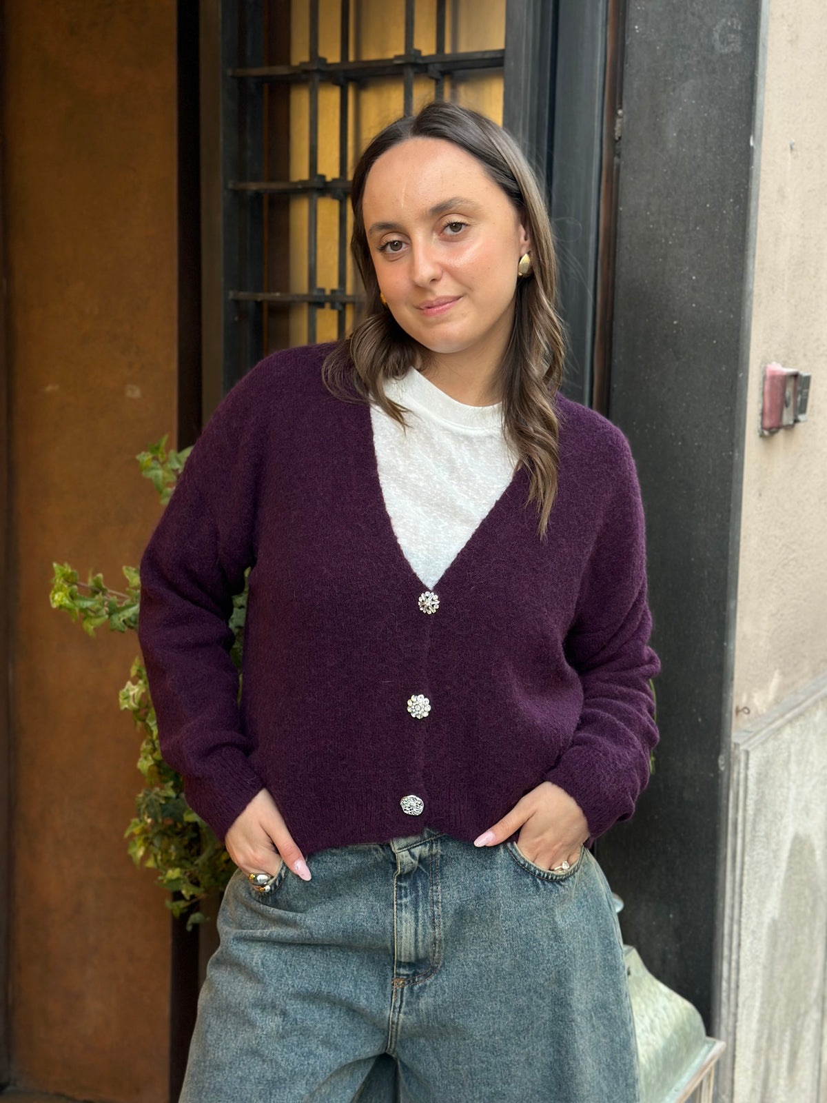 Cardigan alpaca con bottone gioiello (disp.in più colori)