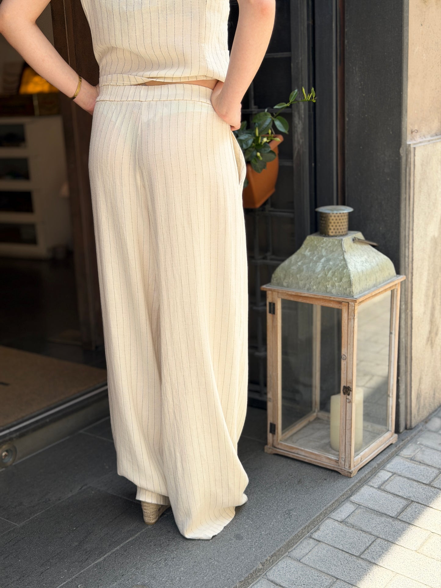 Pantalone in lino a righe Panna e Senape