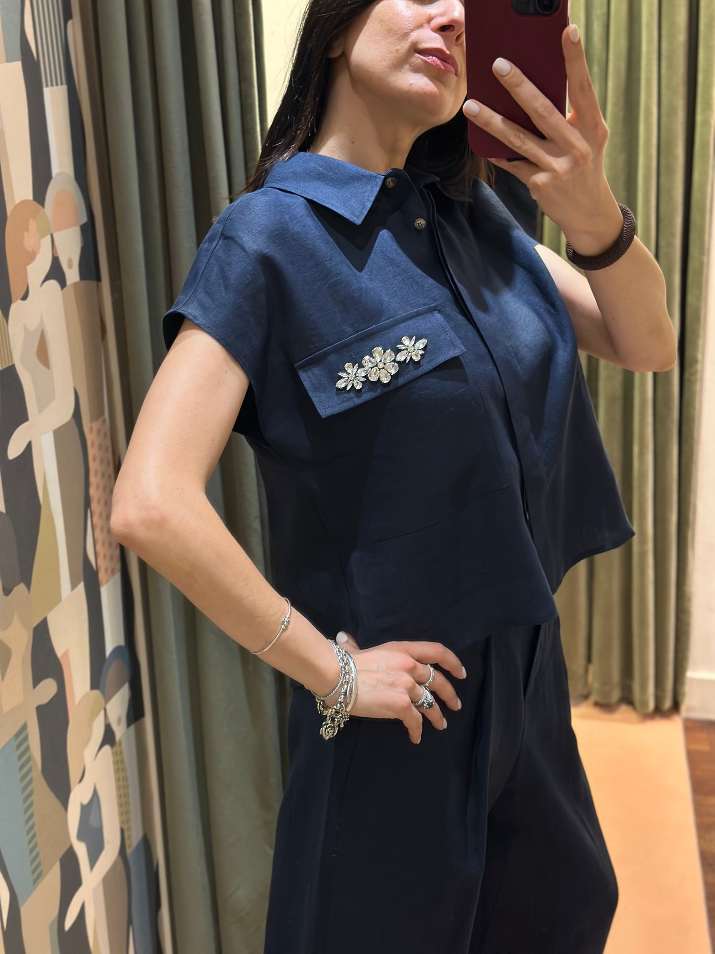 Tensione In - Camicia in lino taschino gioiello Blu