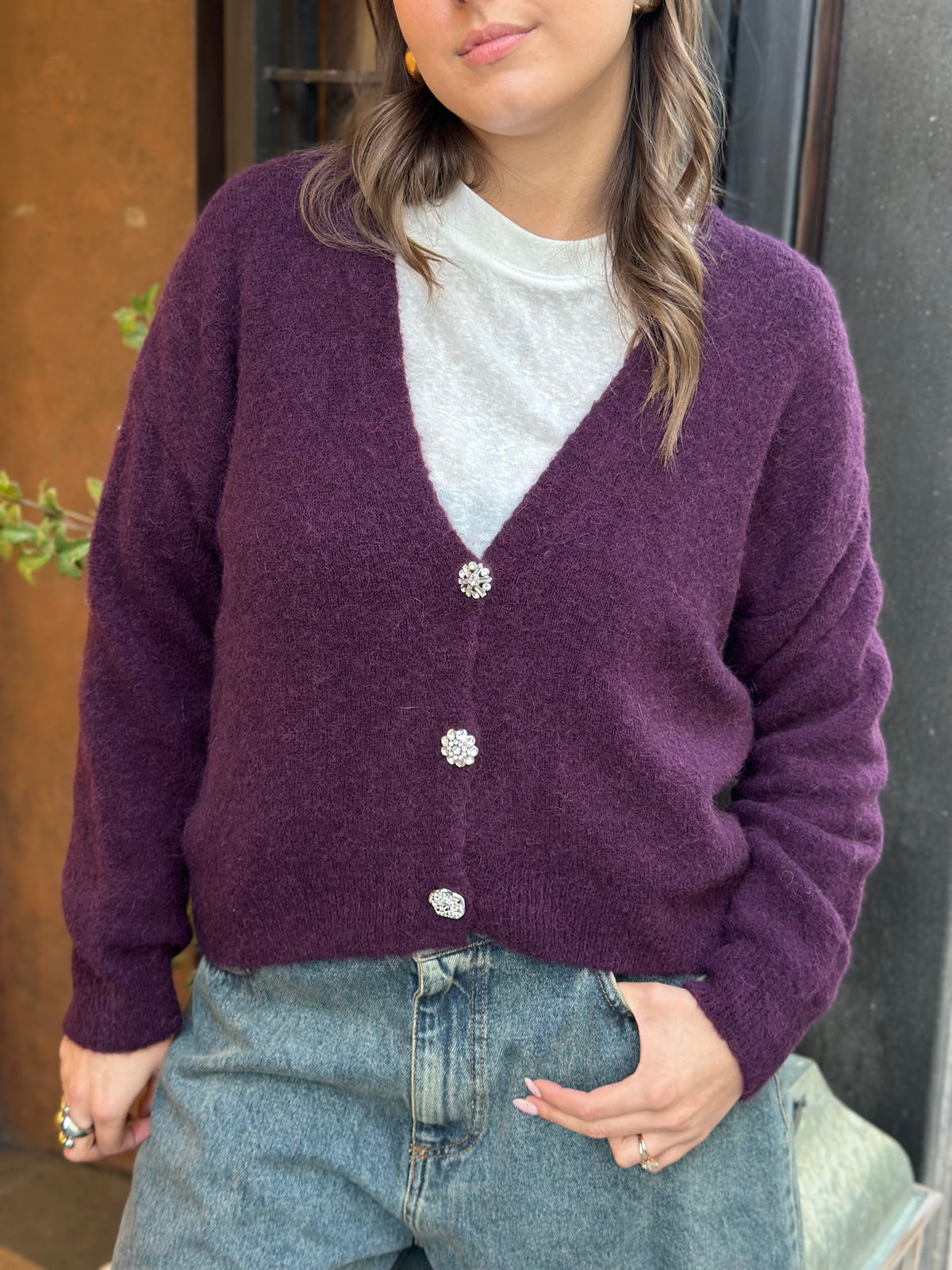 Cardigan alpaca con bottone gioiello (disp.in più colori)