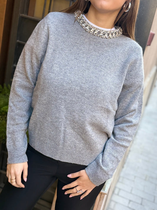 Maglia TIFFANY con girocollo gioiello GRIGIO