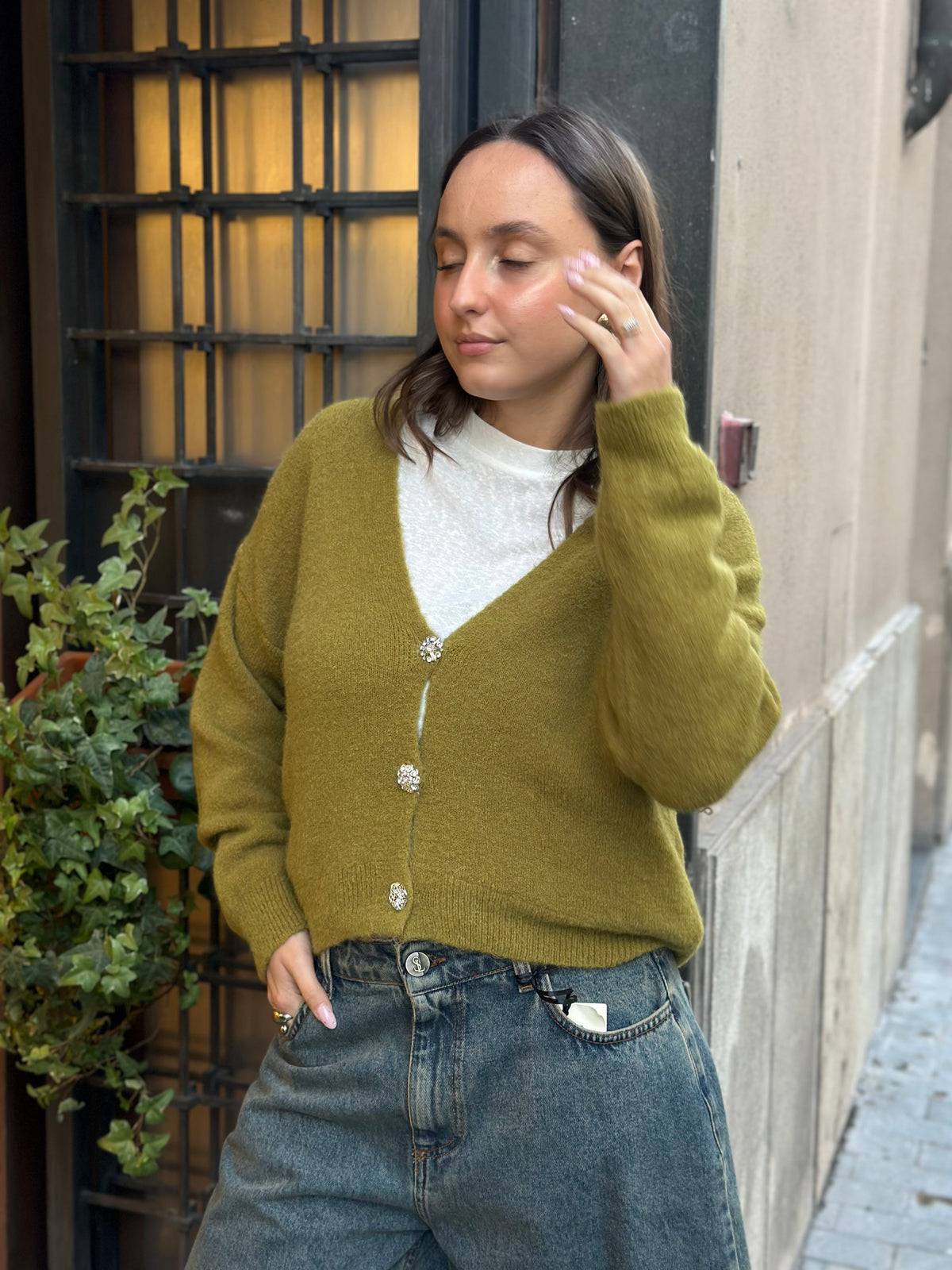 Cardigan alpaca con bottone gioiello (disp.in più colori)